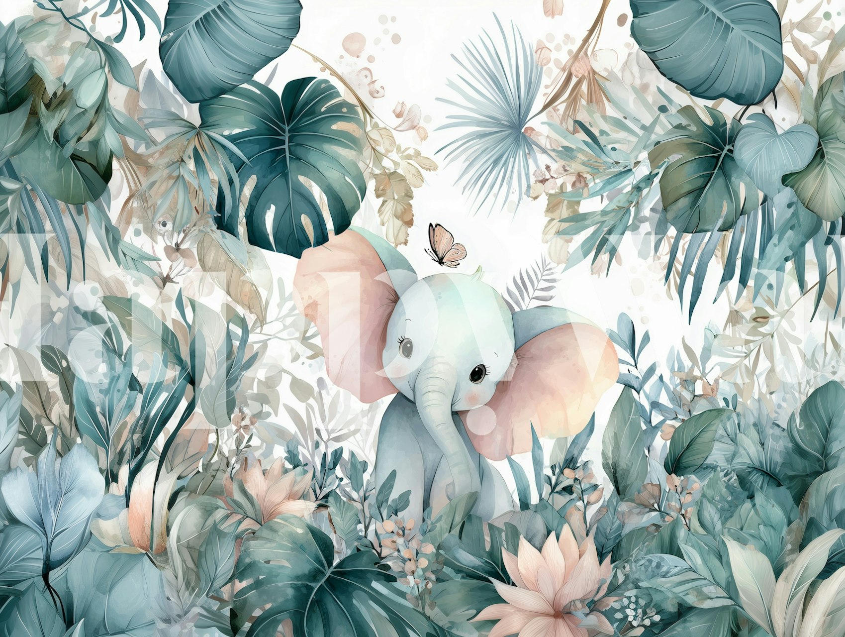 Elephant with pastel colors surrounded by tropical leaves and flowers wallpaper