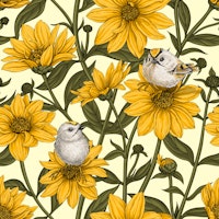 Wild sunflowers and goldcrest birds on cream wallpaper