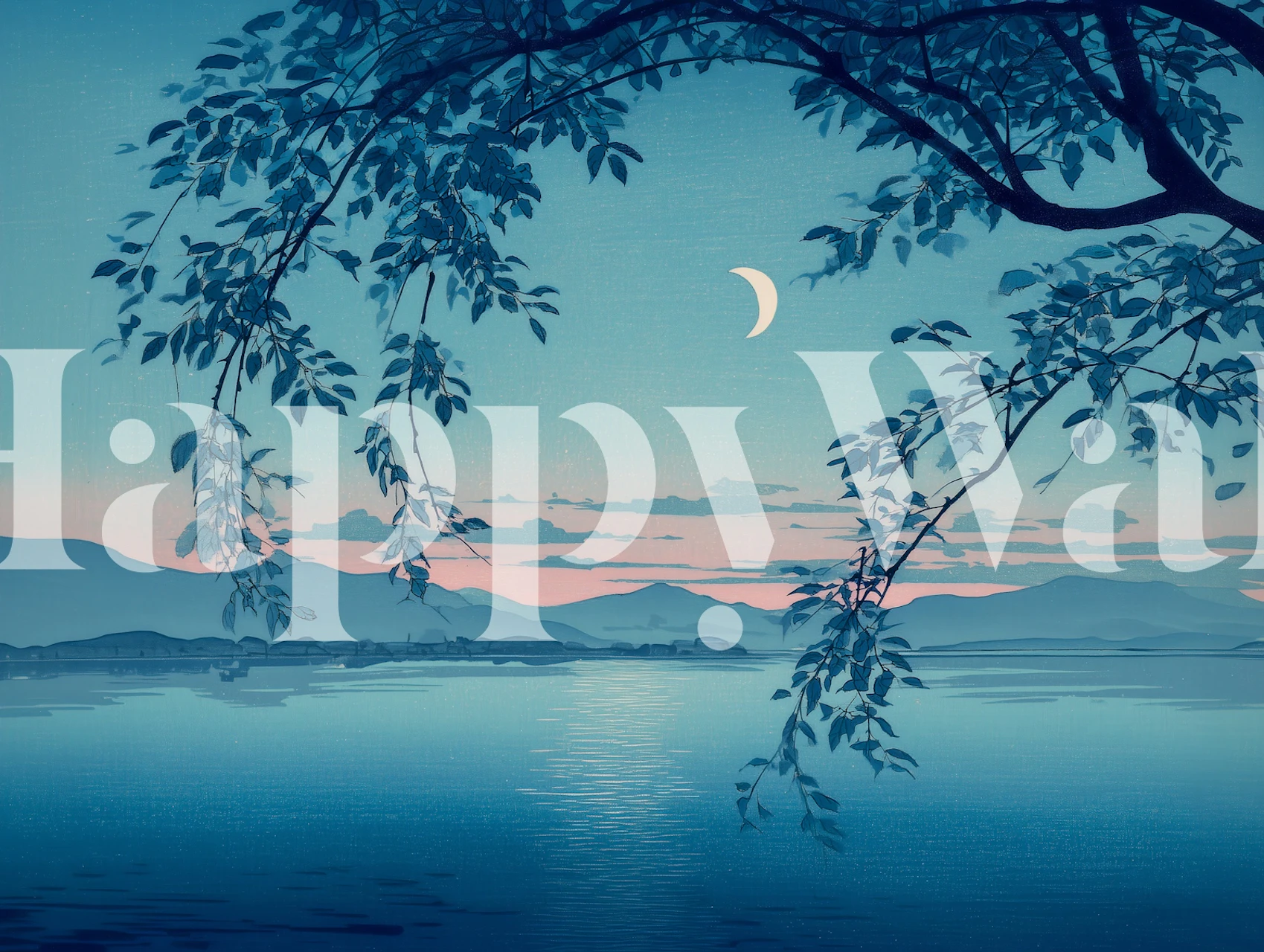 Moonlit lake scene with blue tones and silhouettes of trees wallpaper