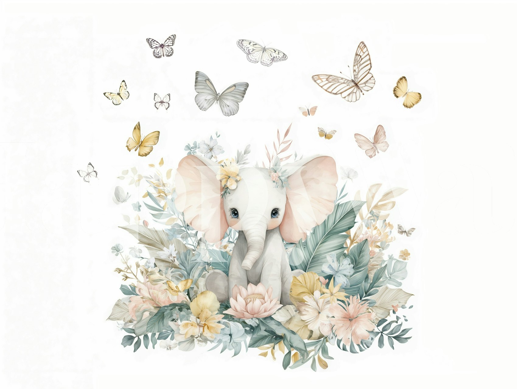 Floral elephant mural with pastel colors and butterflies wallpaper