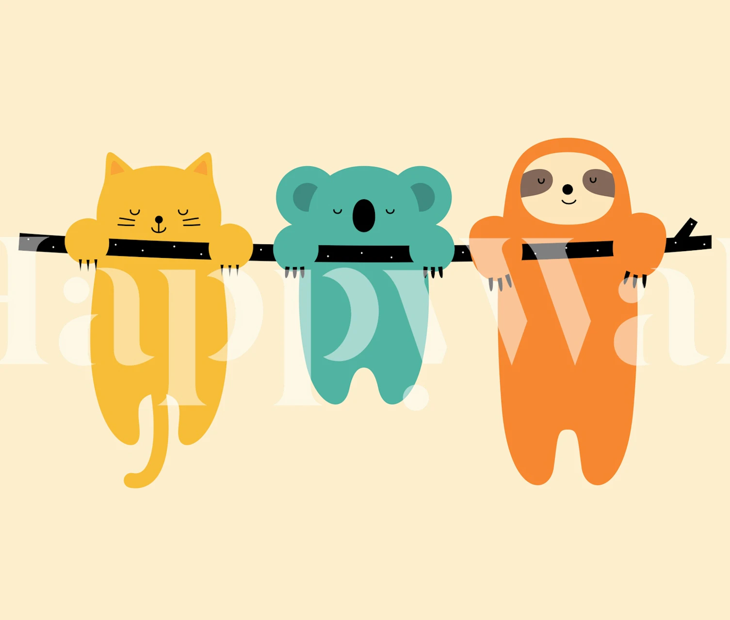 Yellow cat, teal koala, and orange sloth hanging on a branch wallpaper
