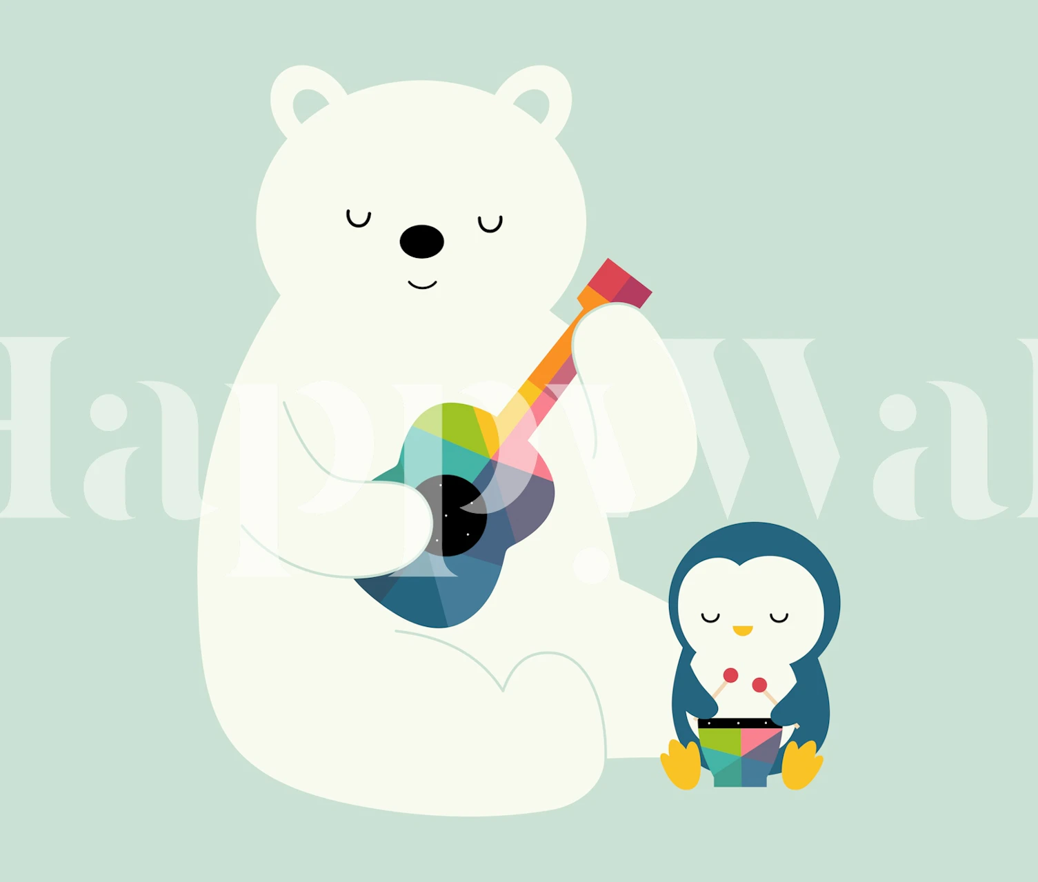 Colorful bear and penguin with rainbow guitar on light background wallpaper