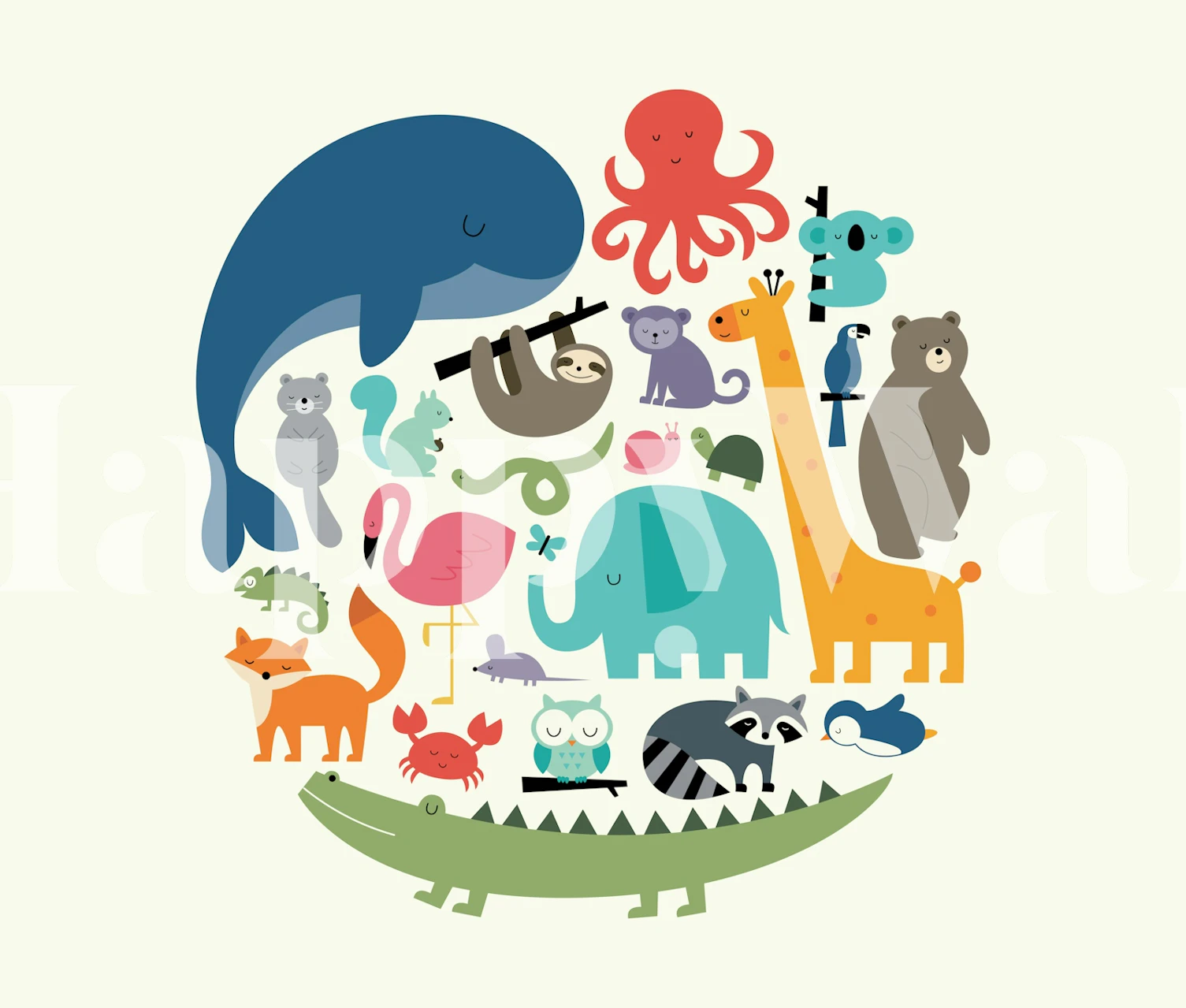 Colorful cartoon animals: whale, octopus, giraffe, and more on light background wallpaper