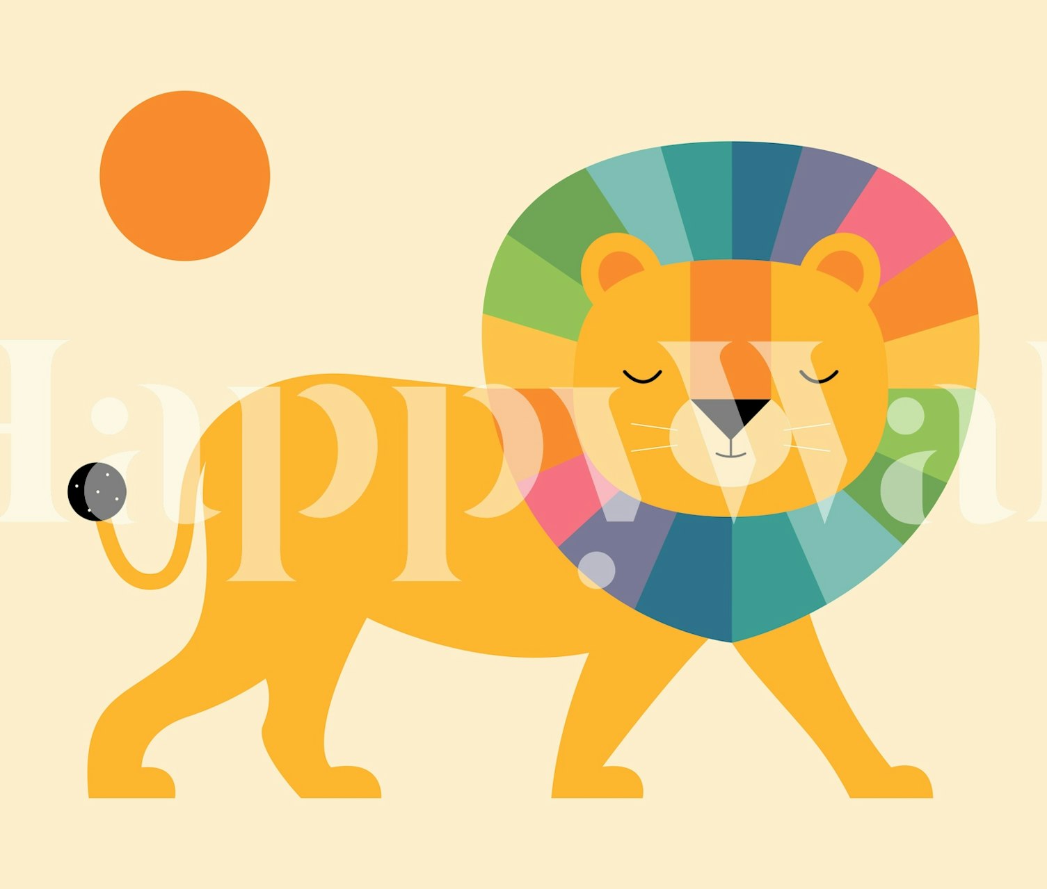 Colorful lion with a vibrant mane and sun wall mural