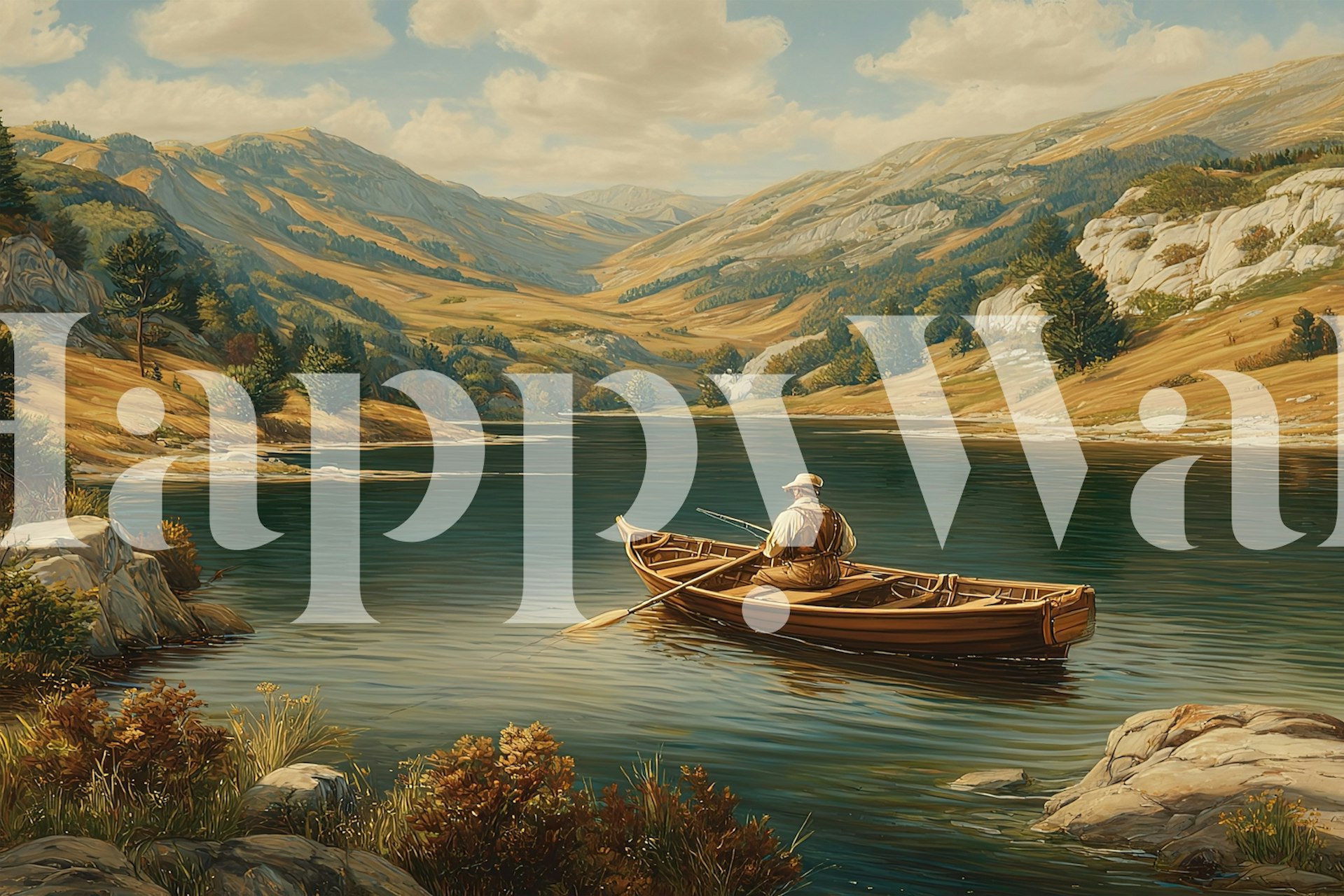 Man in a boat on calm river surrounded by mountains and trees in warm colors wallpaper