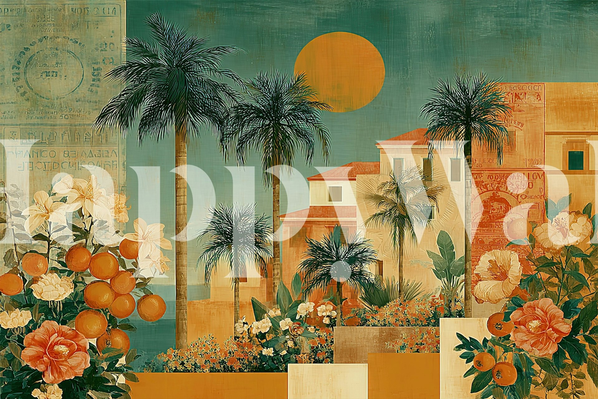 Palm trees and floral motifs in peach and teal wallpaper