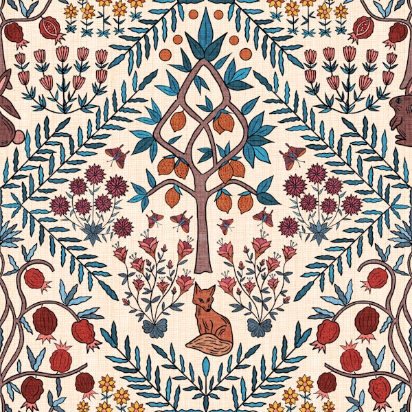 Fox with Lemon & Pomegranates - Teal Crimson