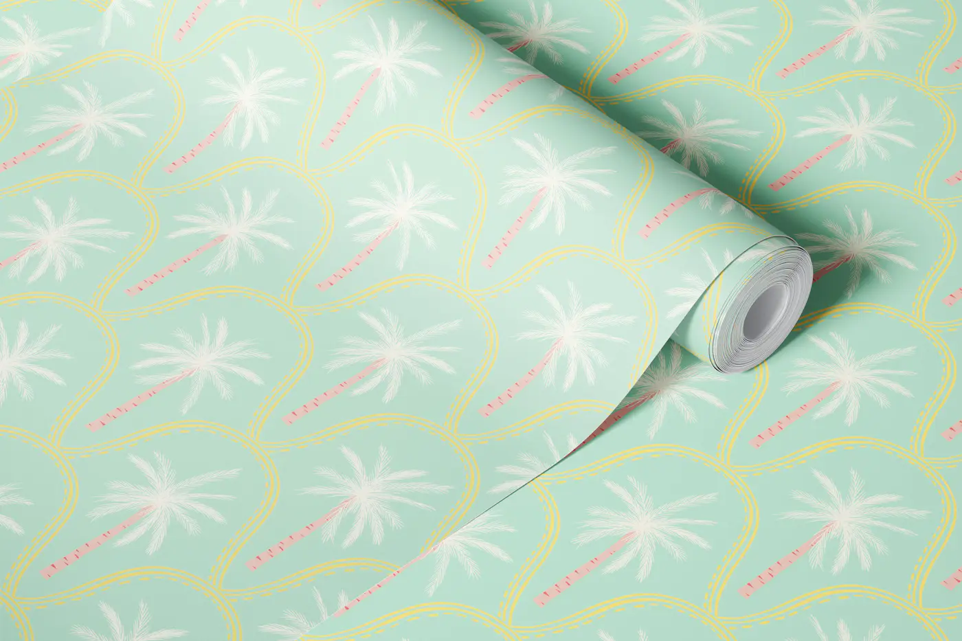 Boho palm trees in pink cream on mint green wallpaper roll
