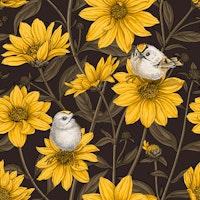 Wild sunflowers and goldcrest birds brown ταπετσαρία