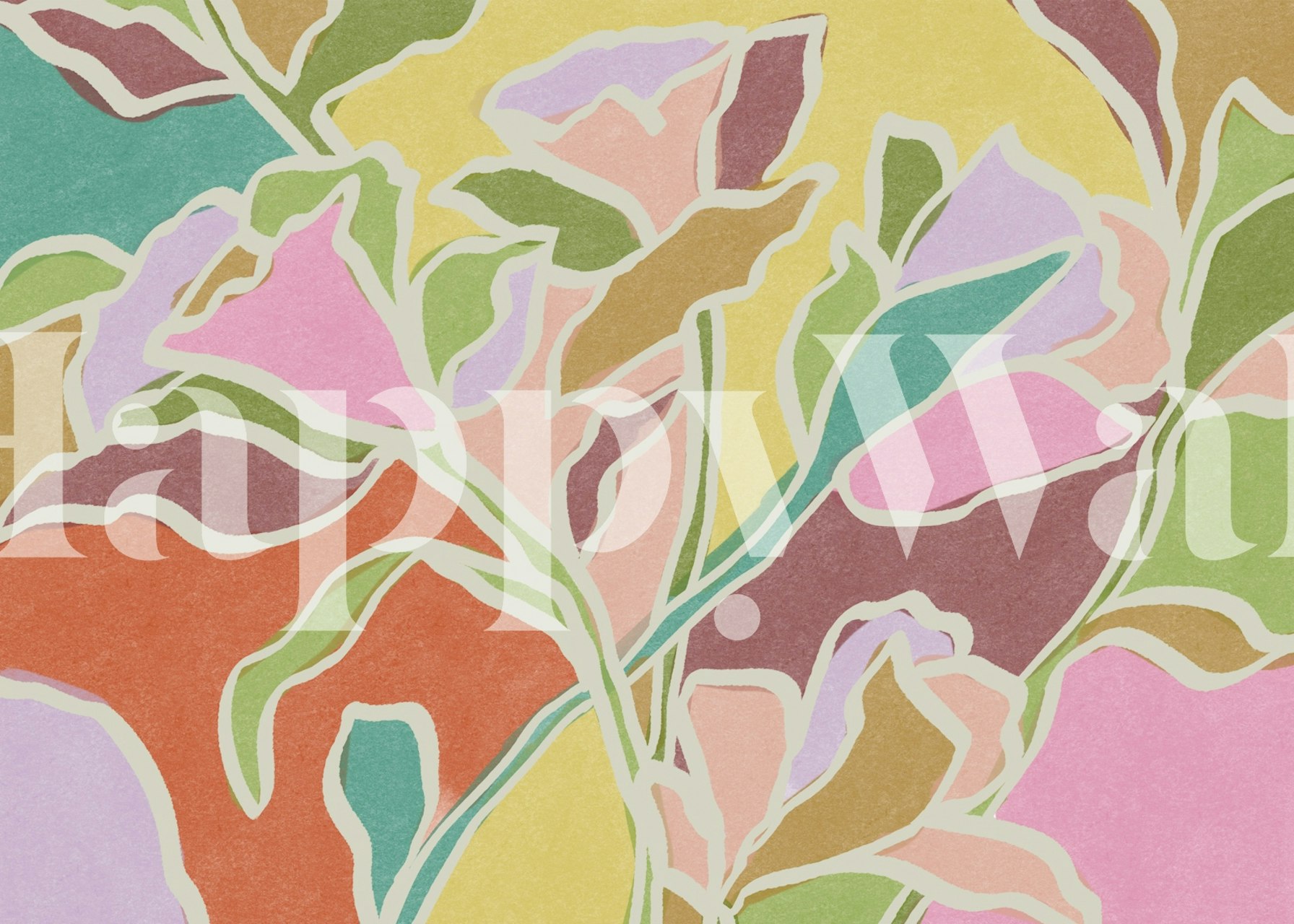 Colorful floral patterns in pink, orange, and green wallpaper
