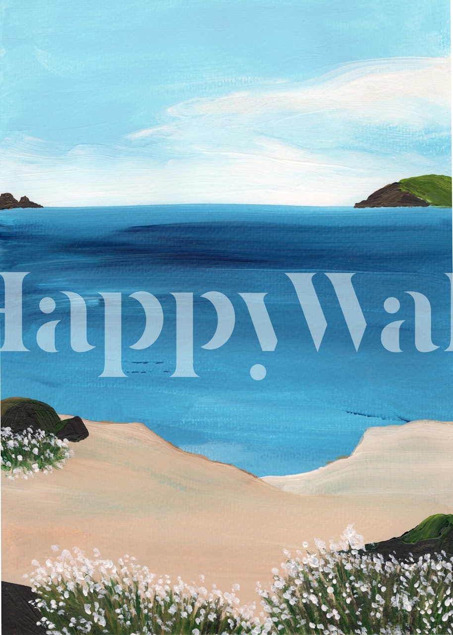 Coastal scene wallpaper displayed in a room