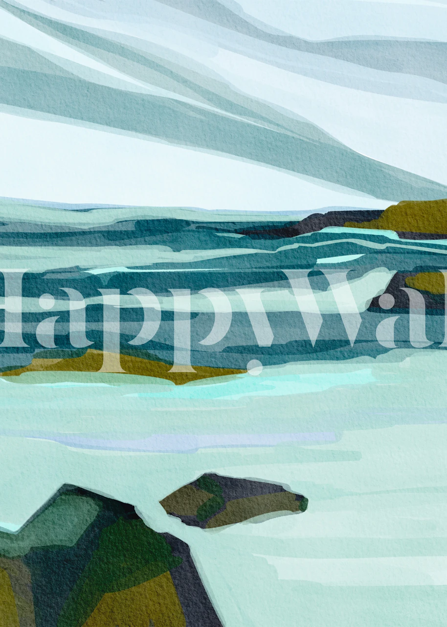 Ocean wave painting with blue and green tones wallpaper