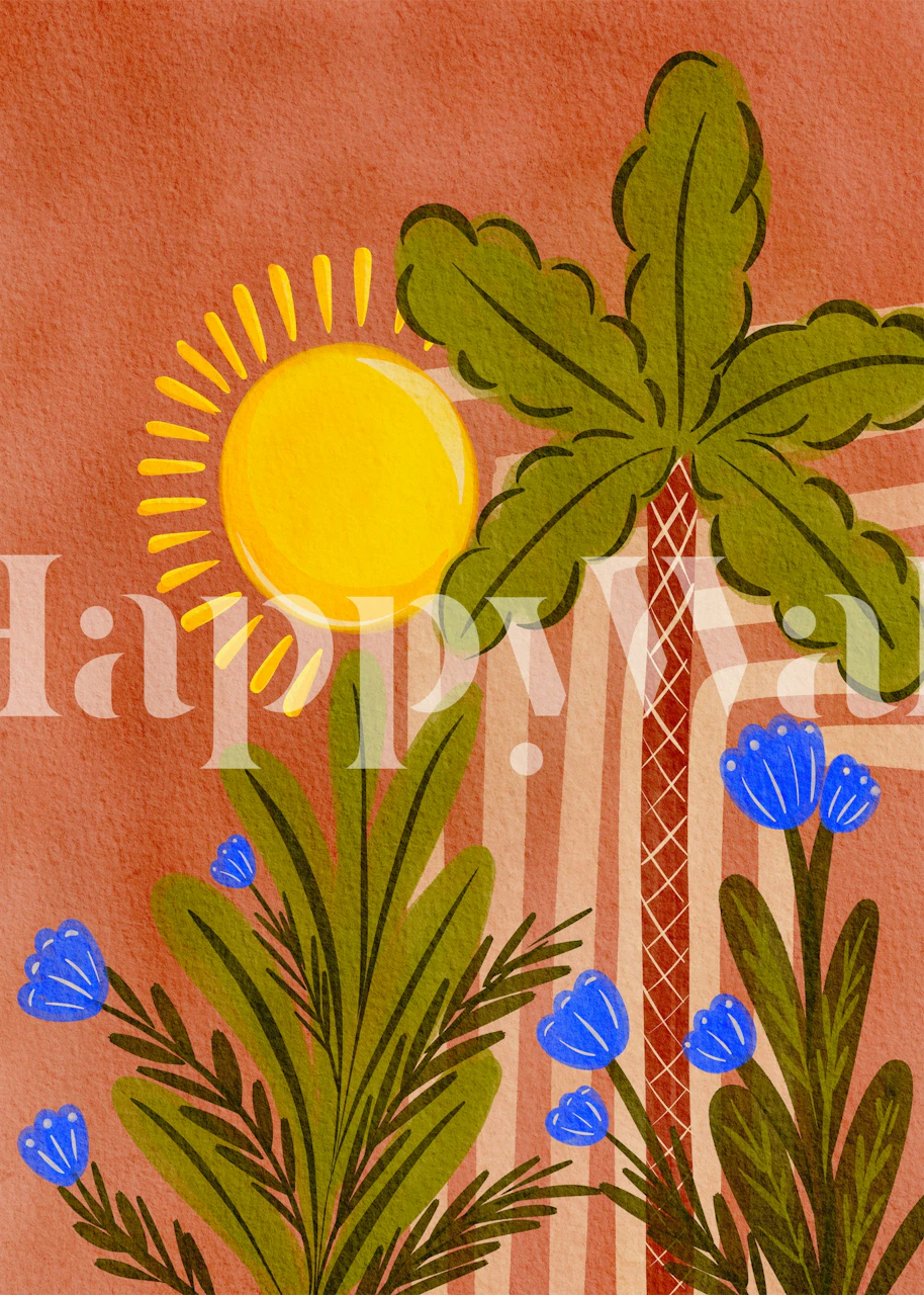 Palm trees and blue flowers on brown background wallpaper