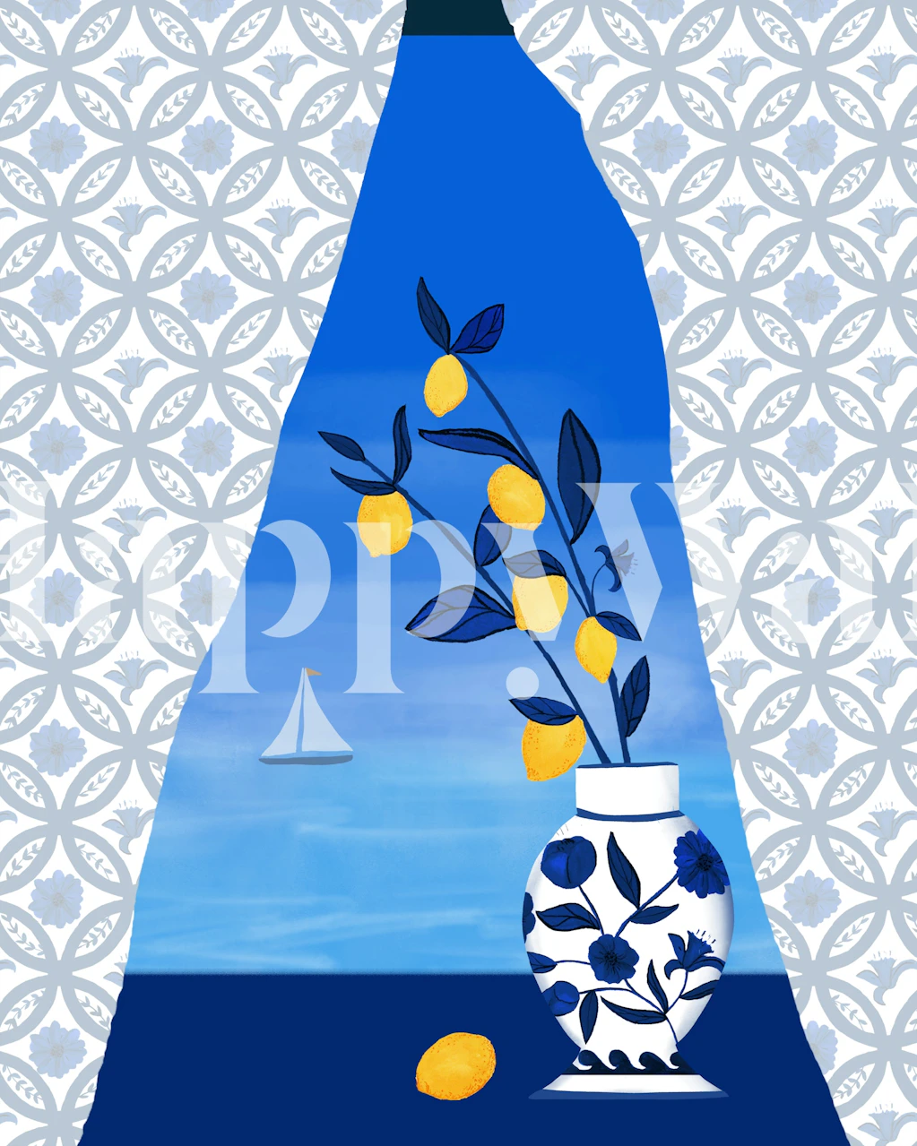 Capri View Wallpaper con Lemon Vase Design