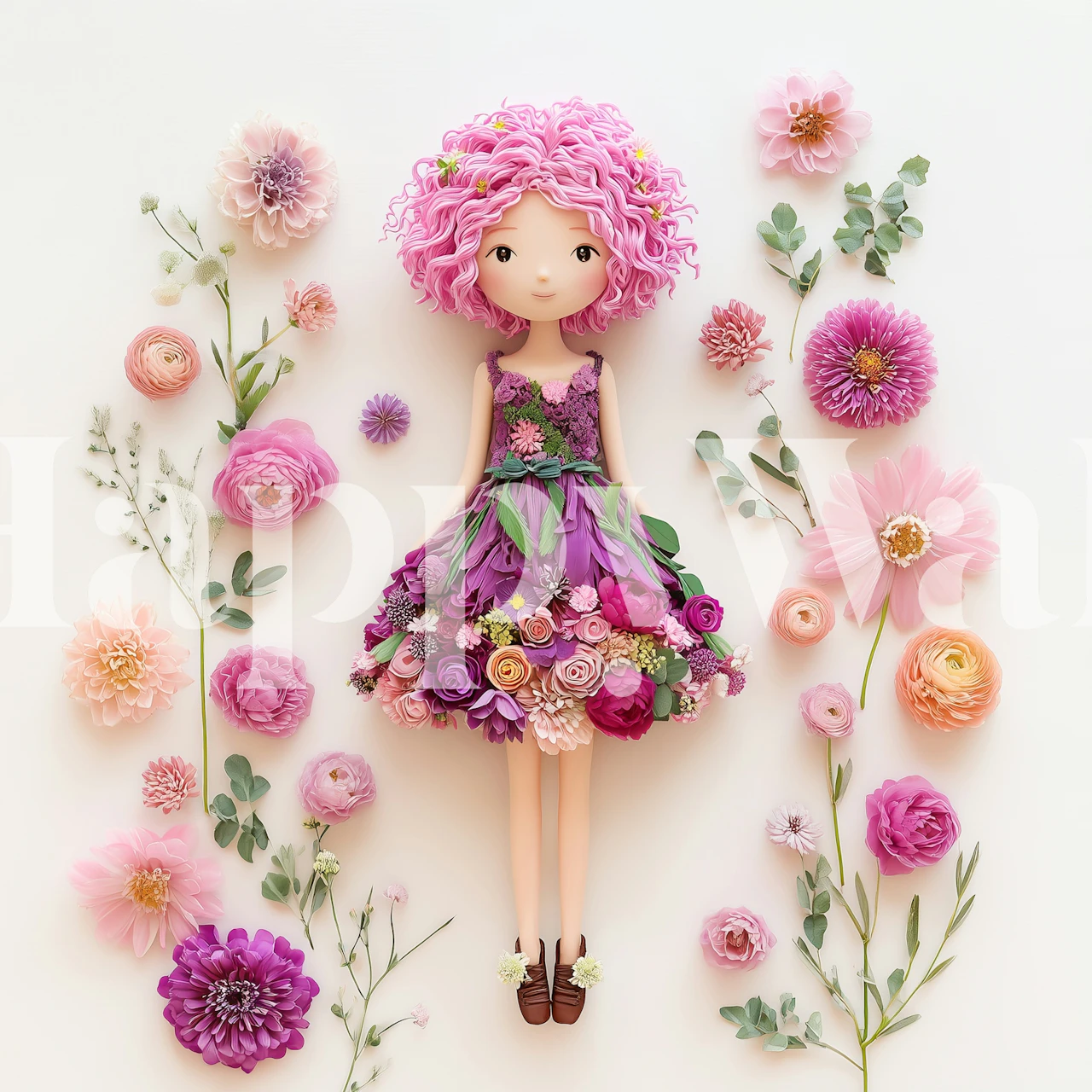 Pink doll with curly hair surrounded by floral motifs wallpaper