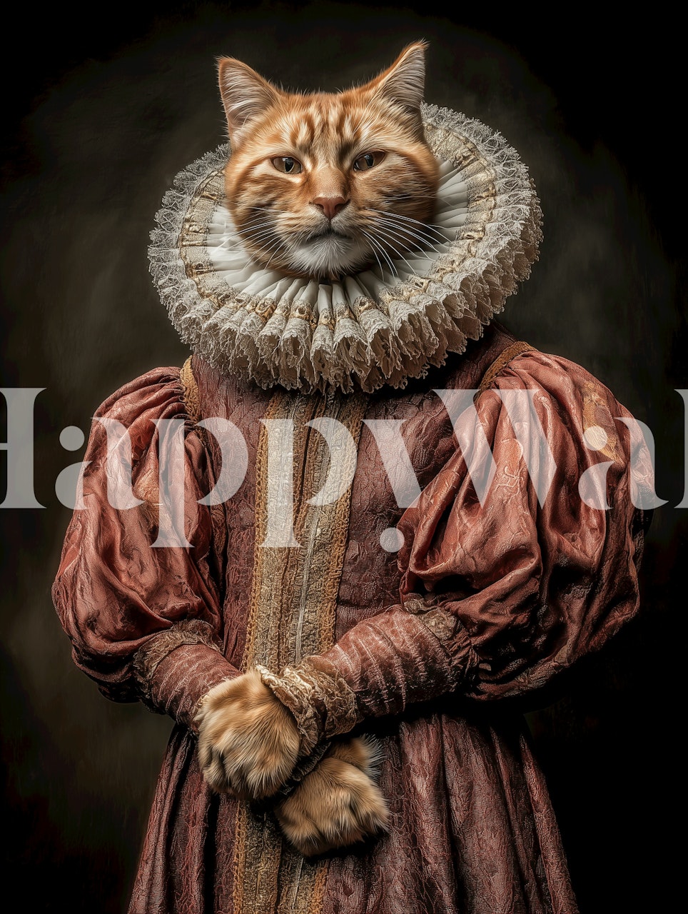 Vintage cat portrait with ruff collar on dark background wallpaper