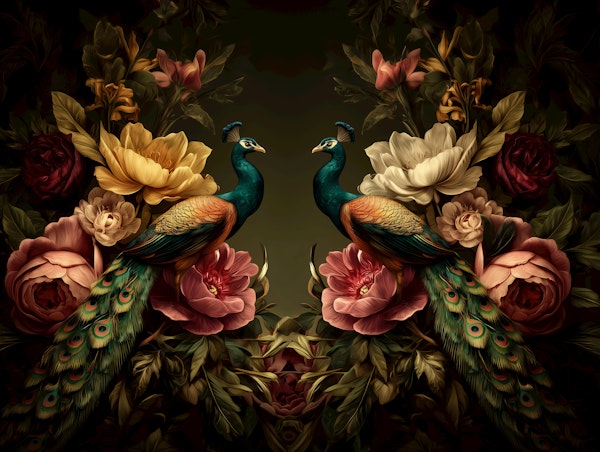 Peacocks in Blossom Paradise