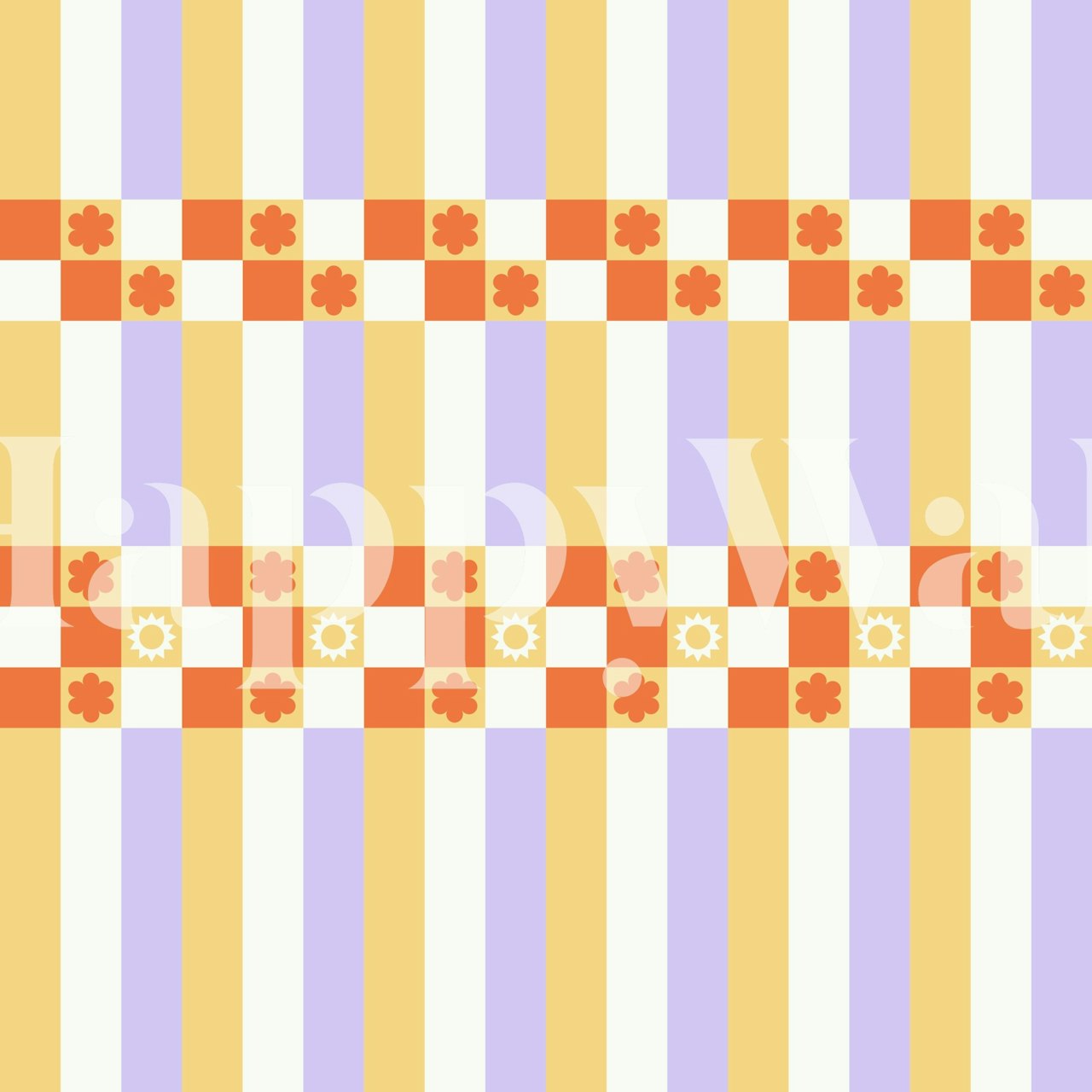 Gingham floral pattern in yellow, lavender, and orange; vintage wallpaper