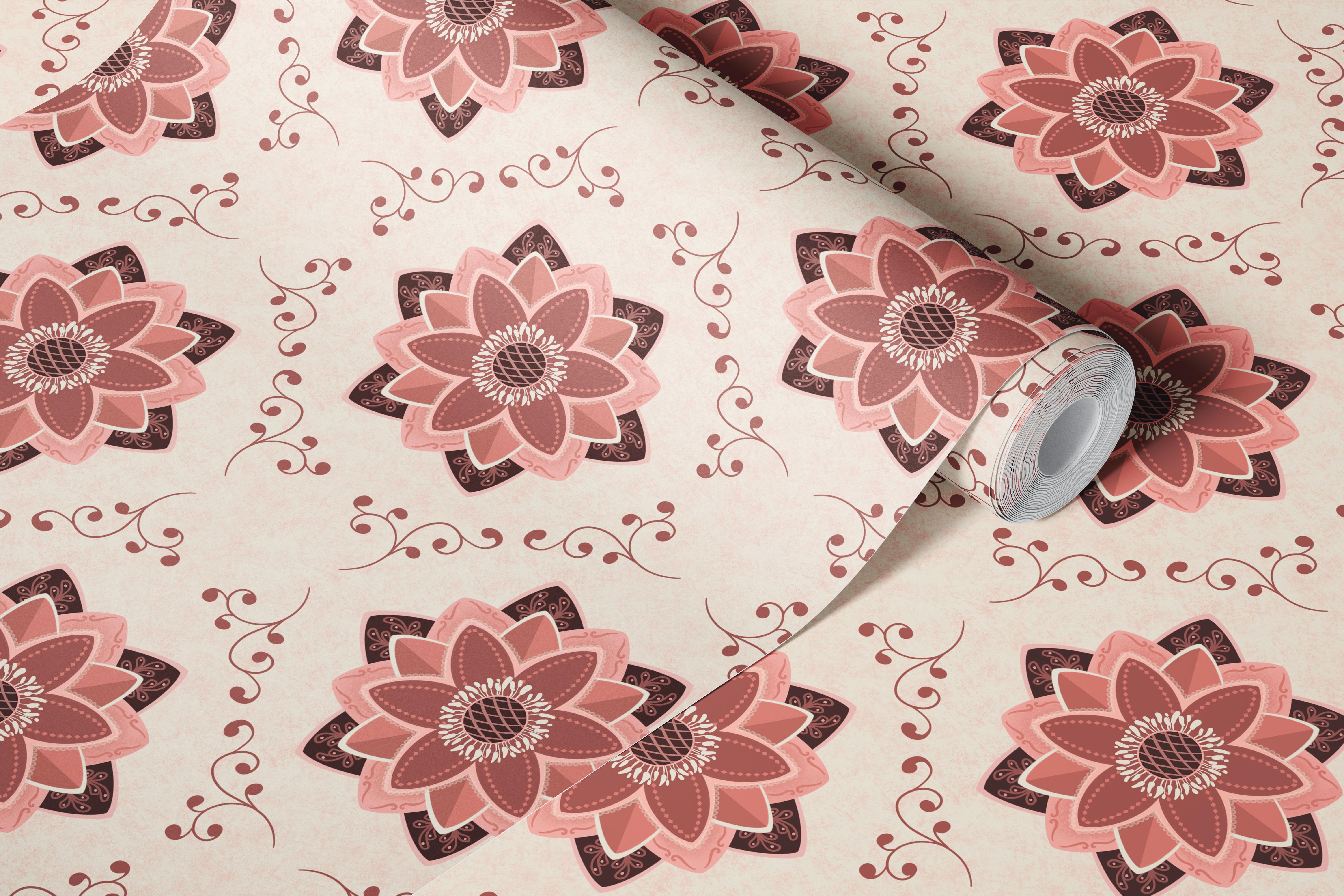 Floral pink waterlily design with swirls wallpaper