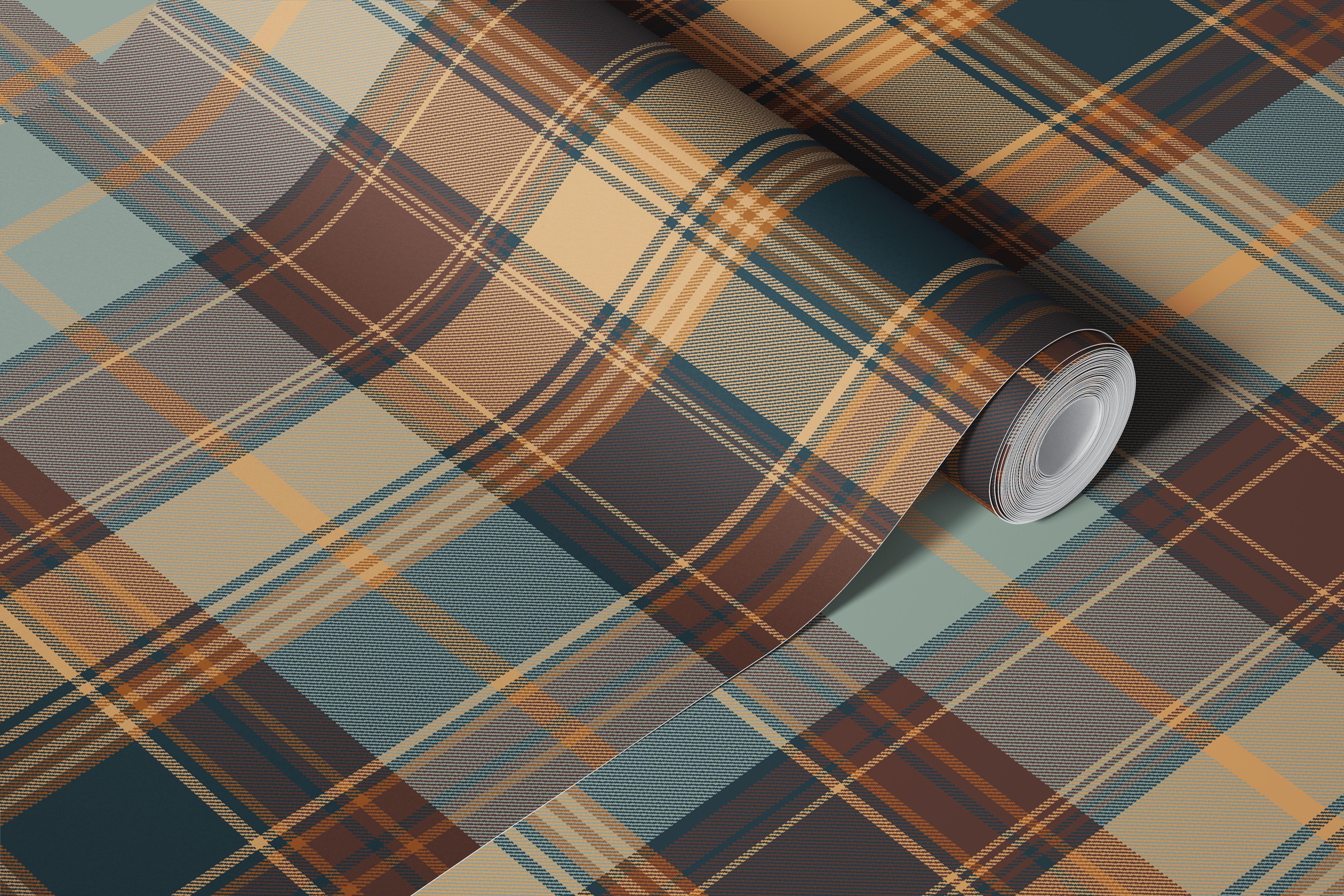 Autumn Heritage Plaid Teal Brown tapet i ett rum