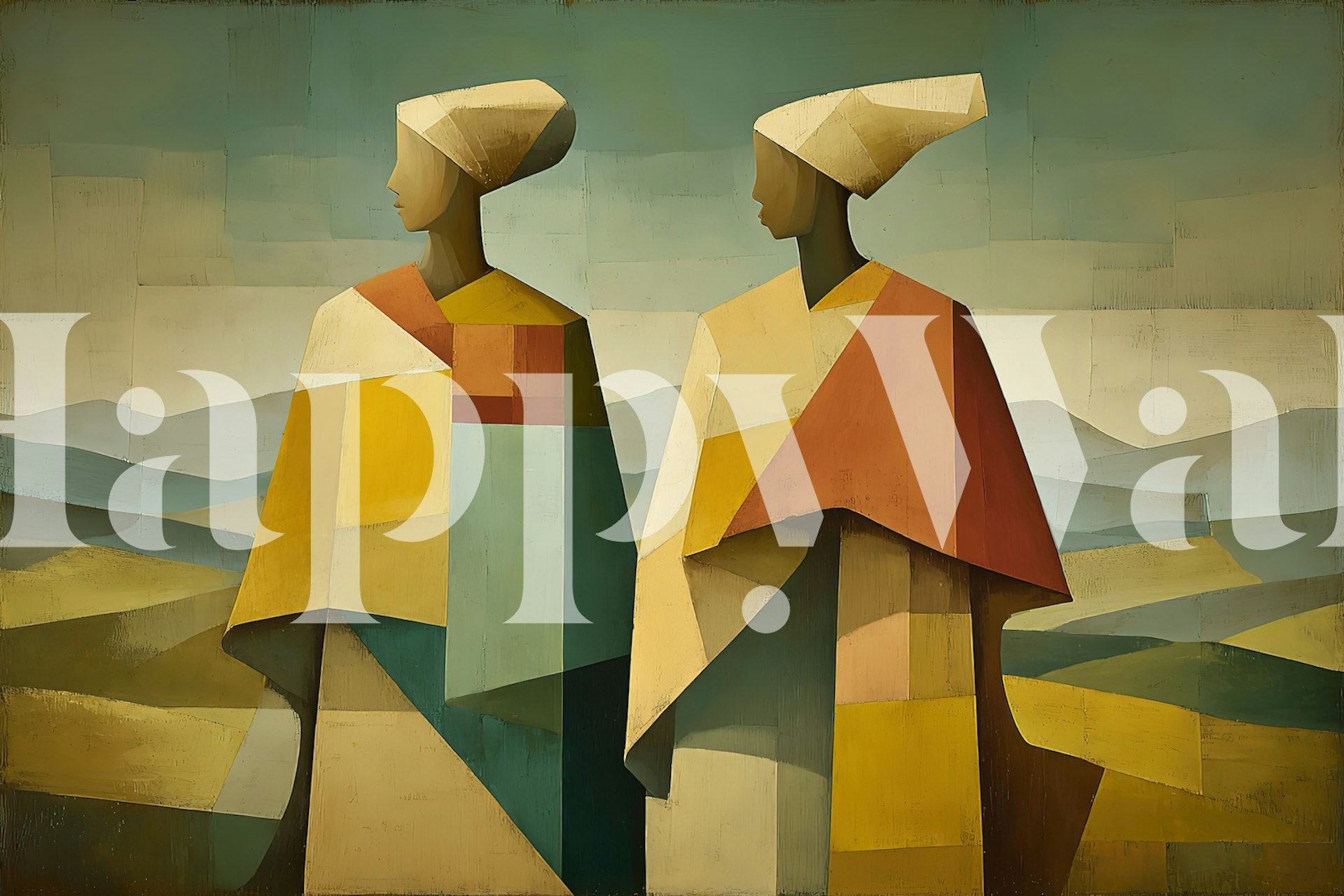 Two figures in abstract geometric patterns with earthy tones wallpaper