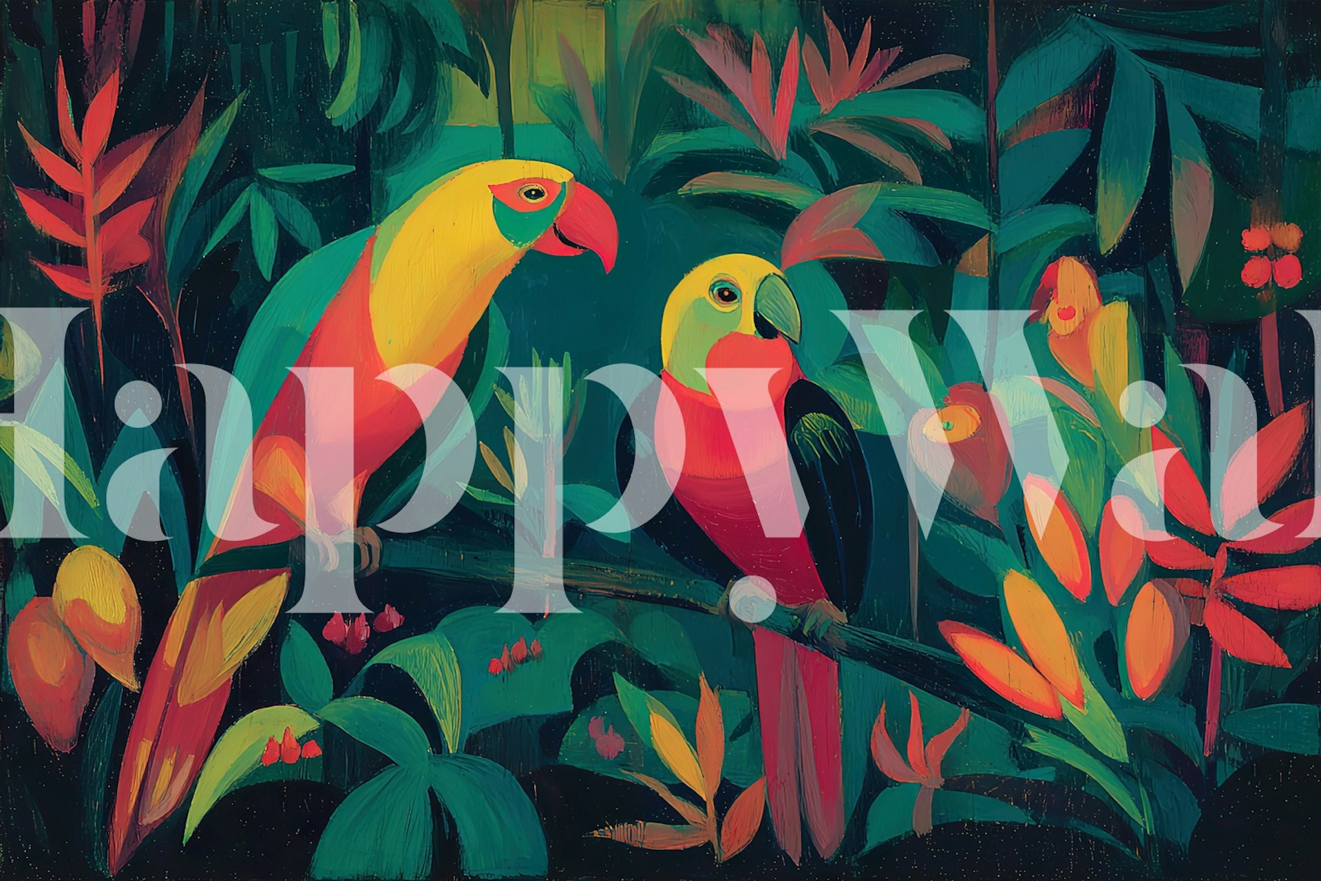 Colorful tropical parrots and foliage wallpaper