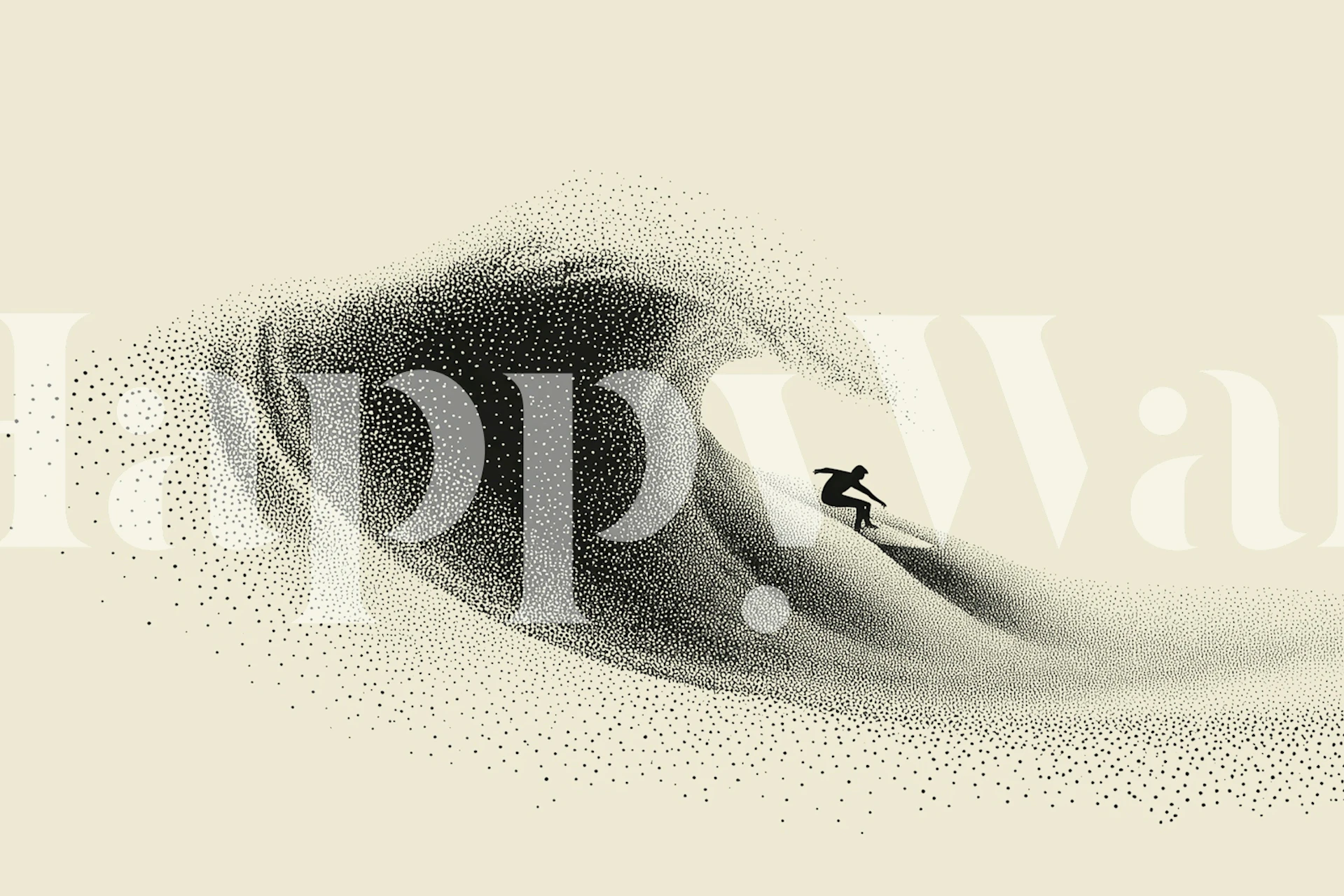 Minimalist surfer riding a wave in black and cream wallpaper