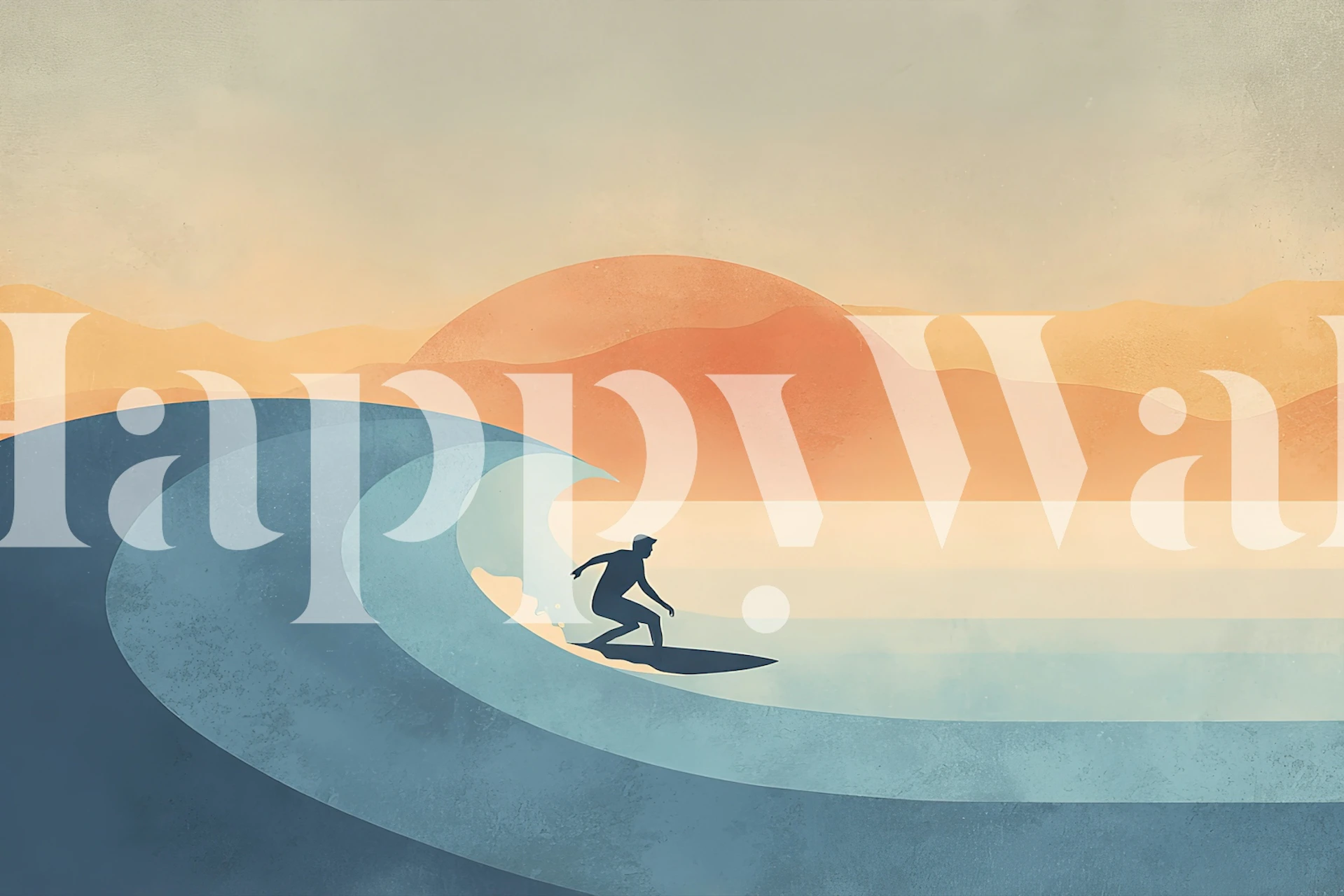 Silhouette of a surfer riding waves during sunset. Calm orange and blue tones wallpaper.