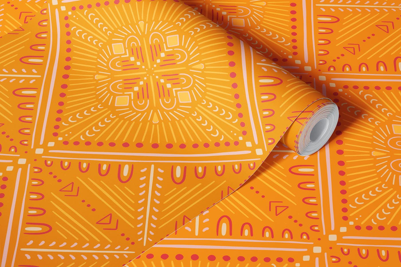 Boho Geometric Tile Orange Pink wallpaper roll