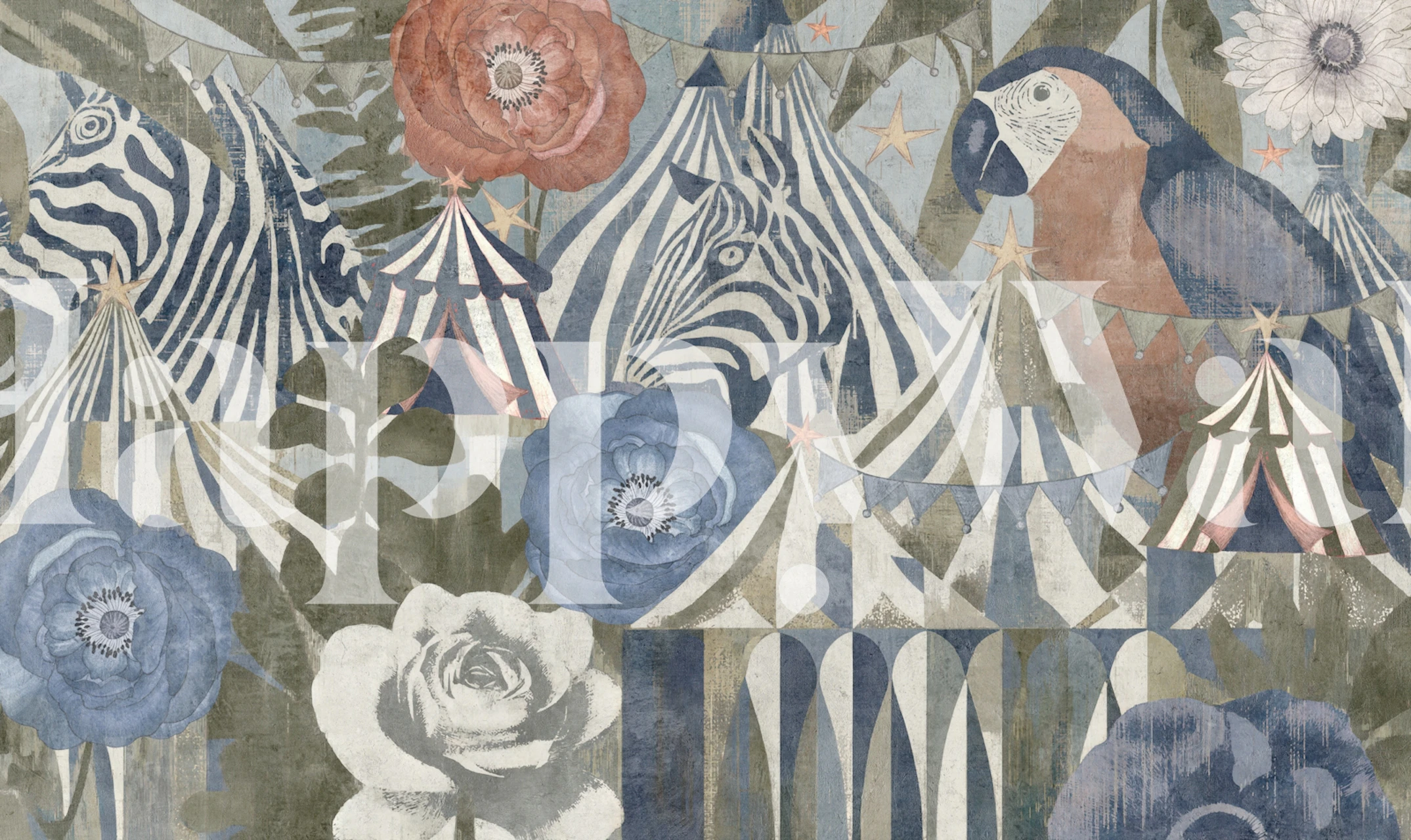 Circus themed wallpaper featuring zebras, flowers, and tents in soft colors