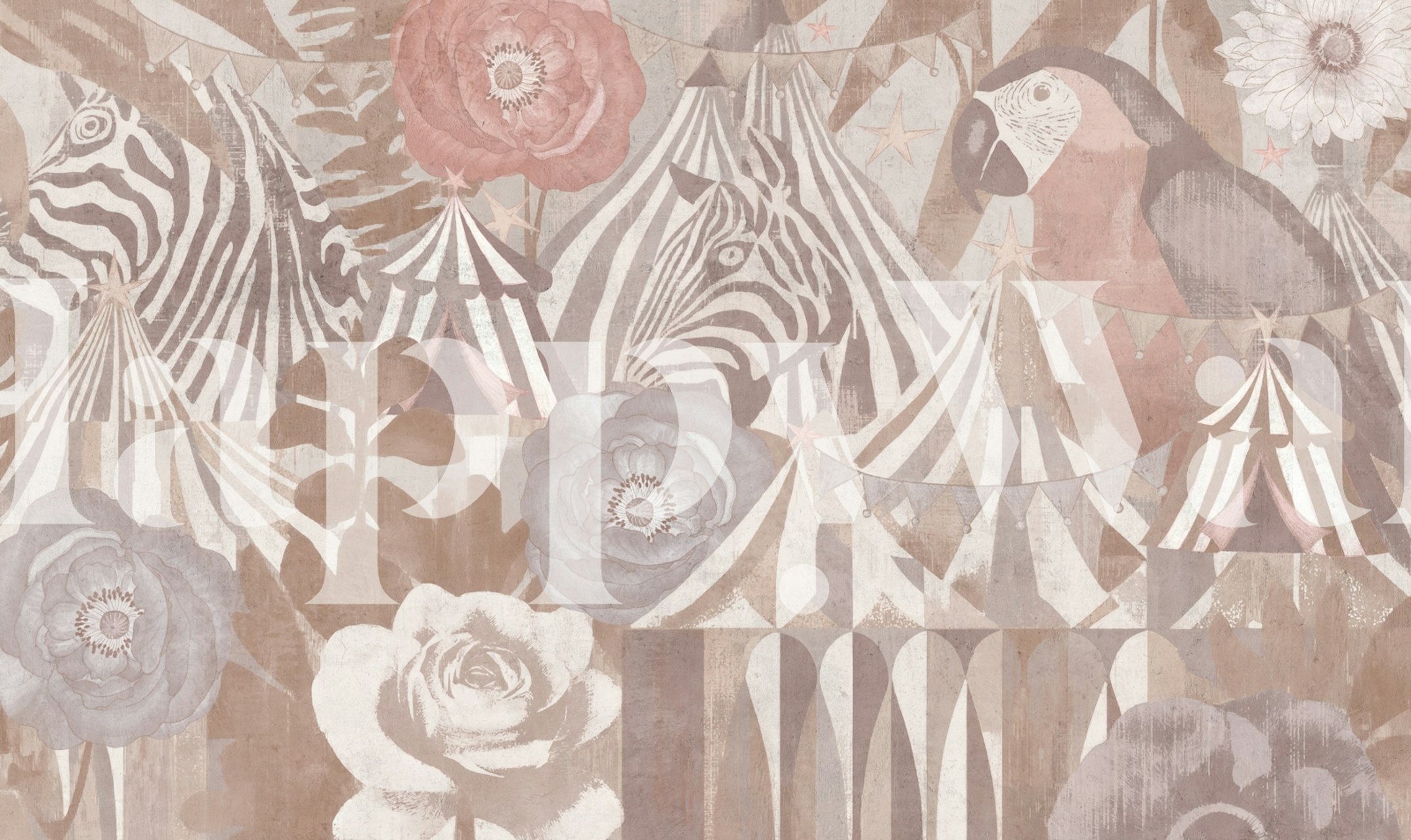 Circus theme wallpaper with zebras, flowers, and tents in blush and gray