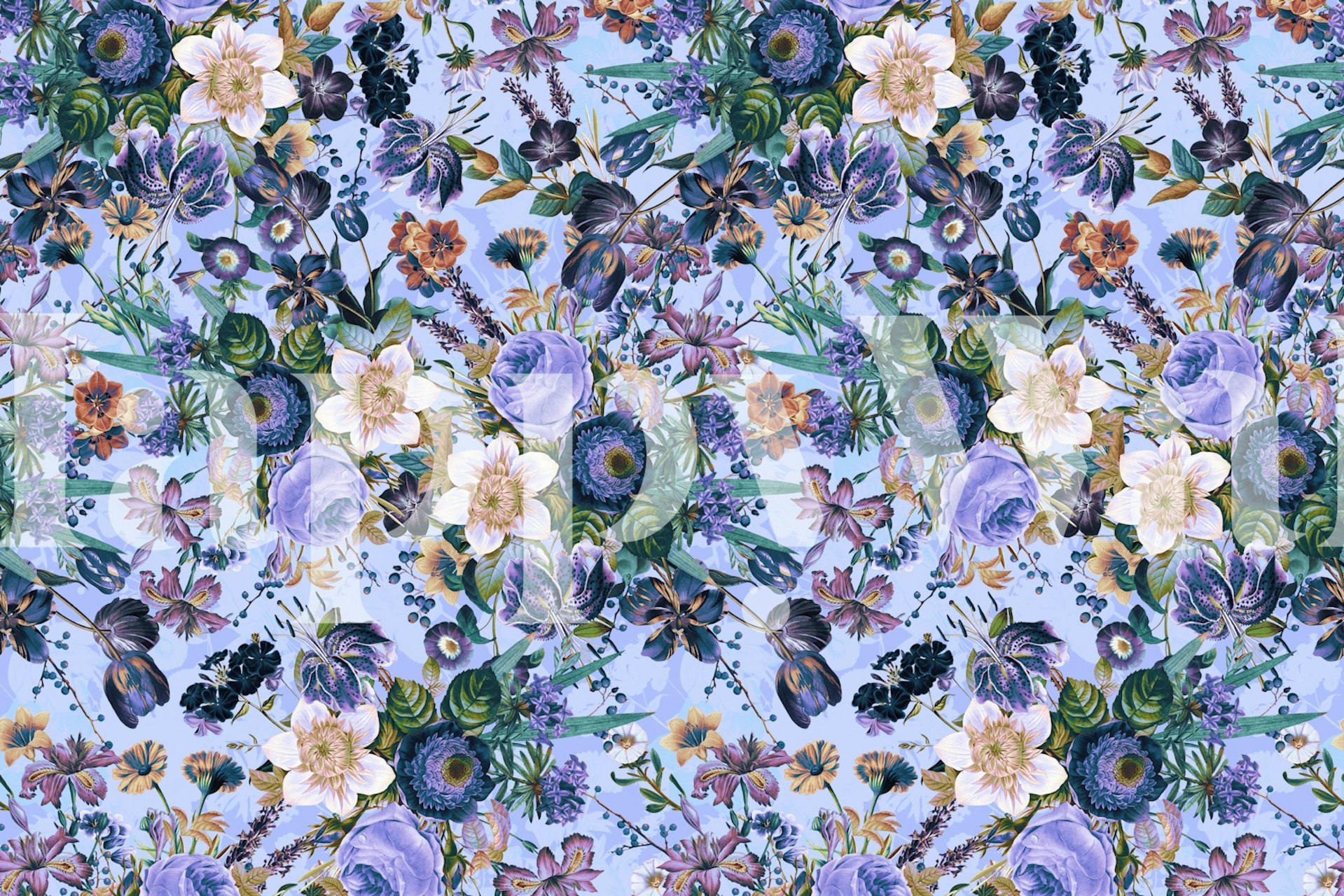 Colorful floral pattern with purple flowers and greenery wallpaper