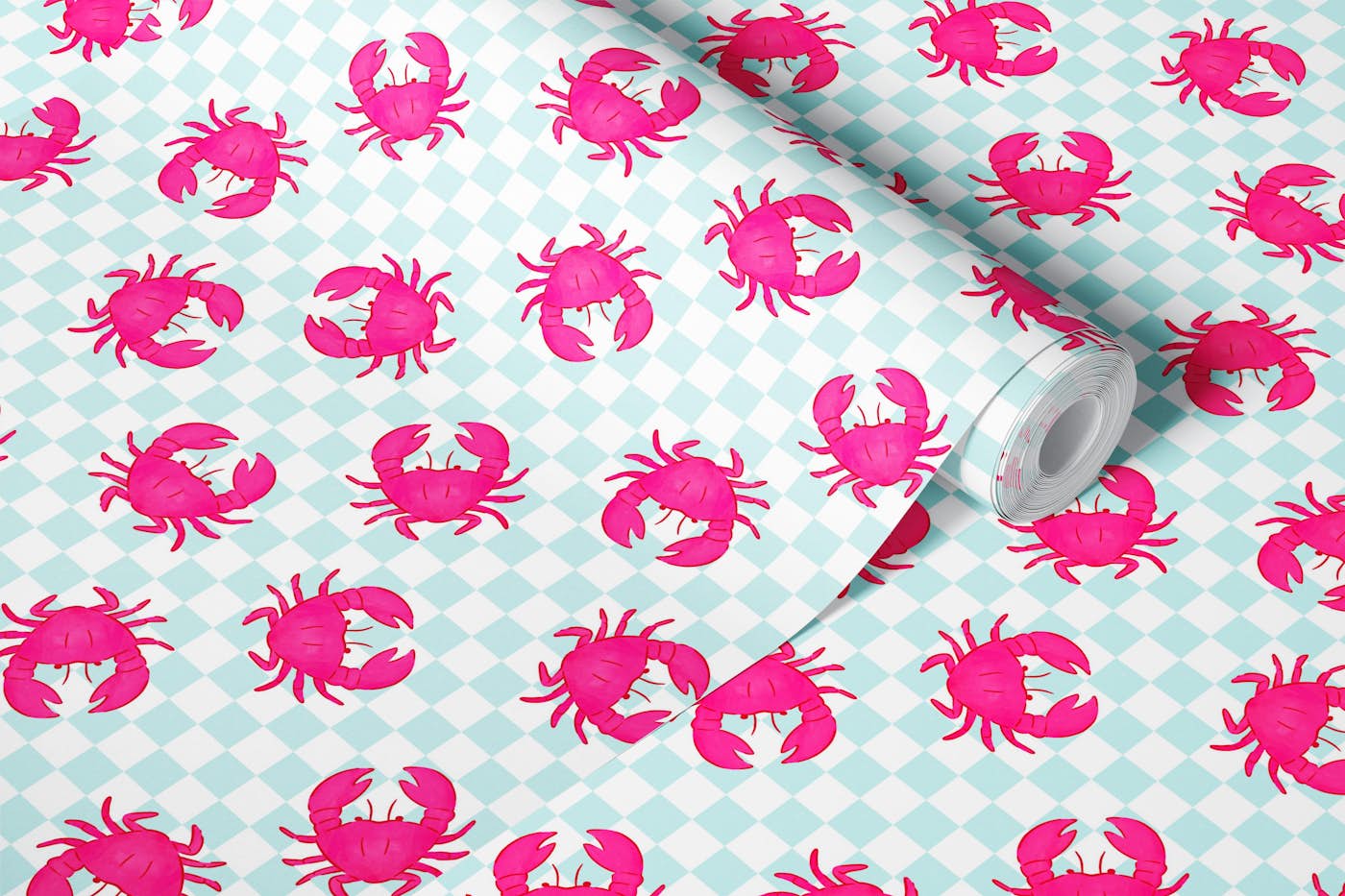 Pink Crabs on Aqua Checks wallpaper roll