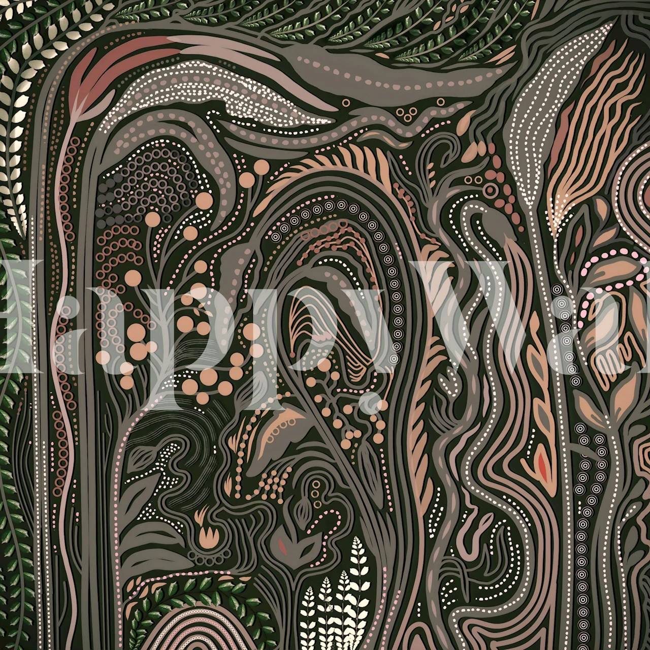 Abstract jungle design wallpaper in greens, browns, and soft patterns