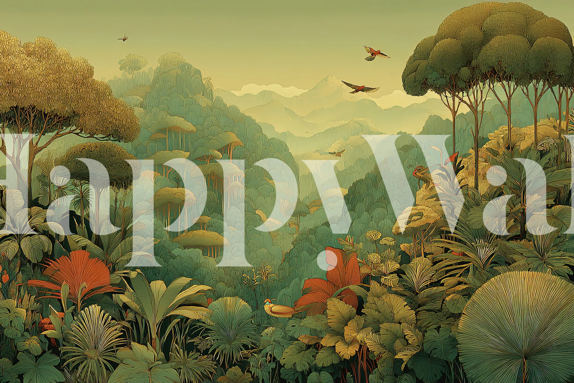 Tropical jungle scene with green foliage and red plants wallpaper