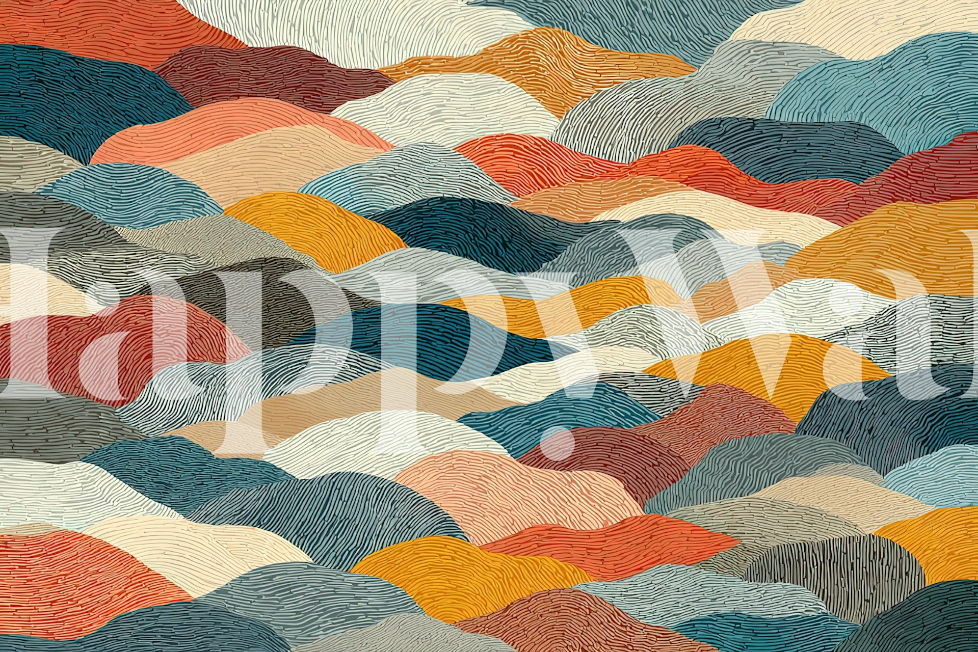 Abstract waves in warm colors of orange, blue, and cream wallpaper