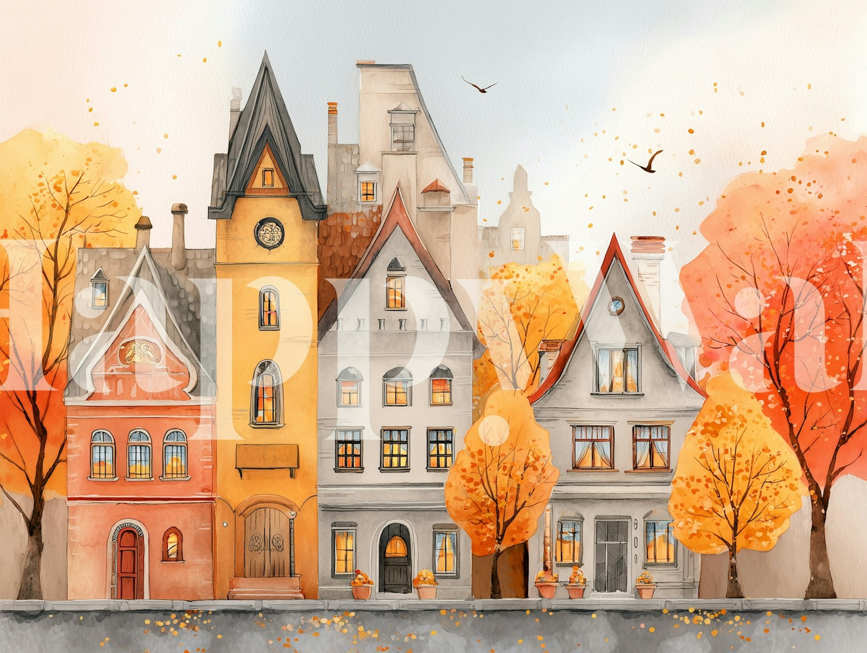 Charming Autumn Street View-behang voor woningdecoratie