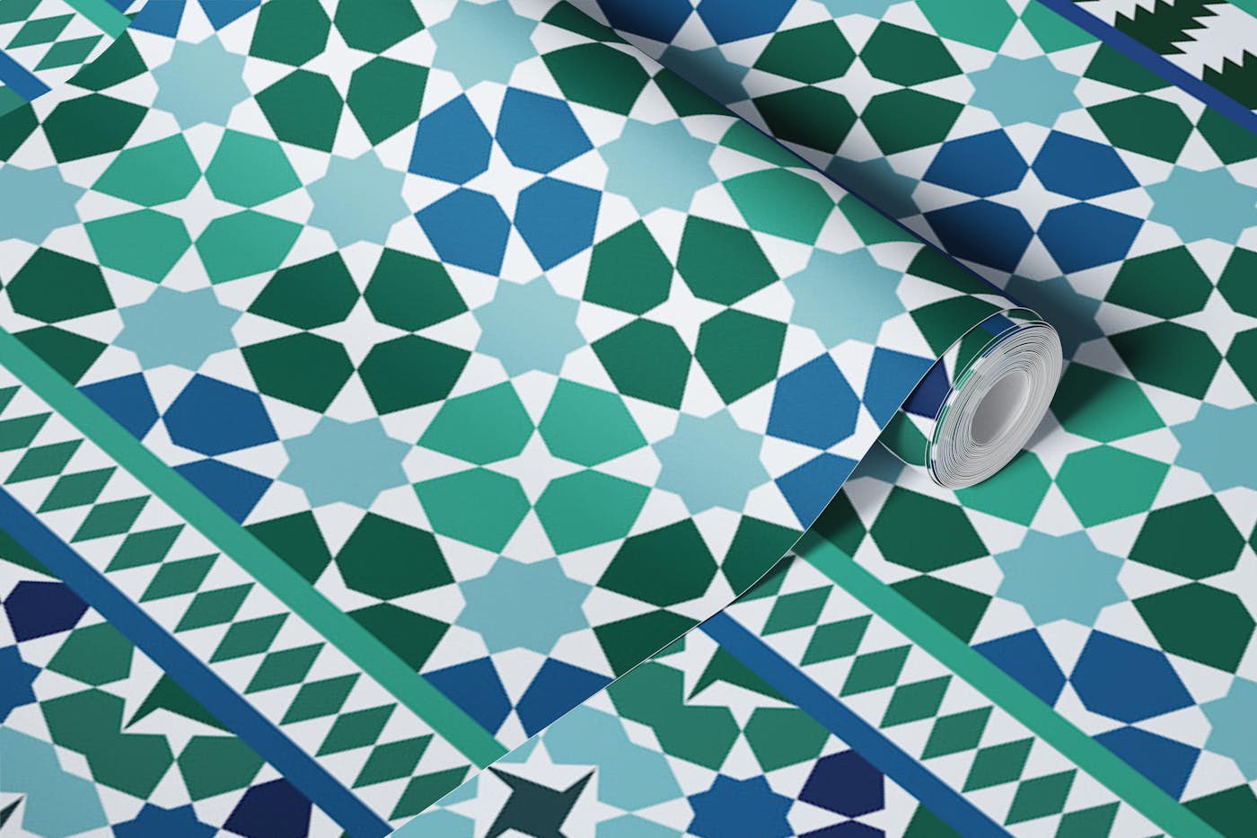 Alhambra Tessellations - aqua blue green wallpaper roll