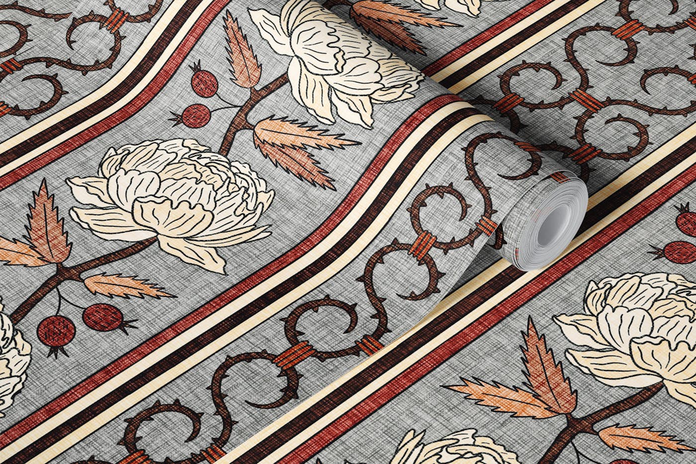 Baroque Roses Stripe - Red Brown Ivory & Gray wallpaper roll