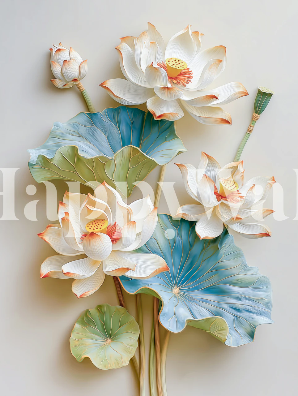 White lotus flowers with blue leaves floral wallpaper