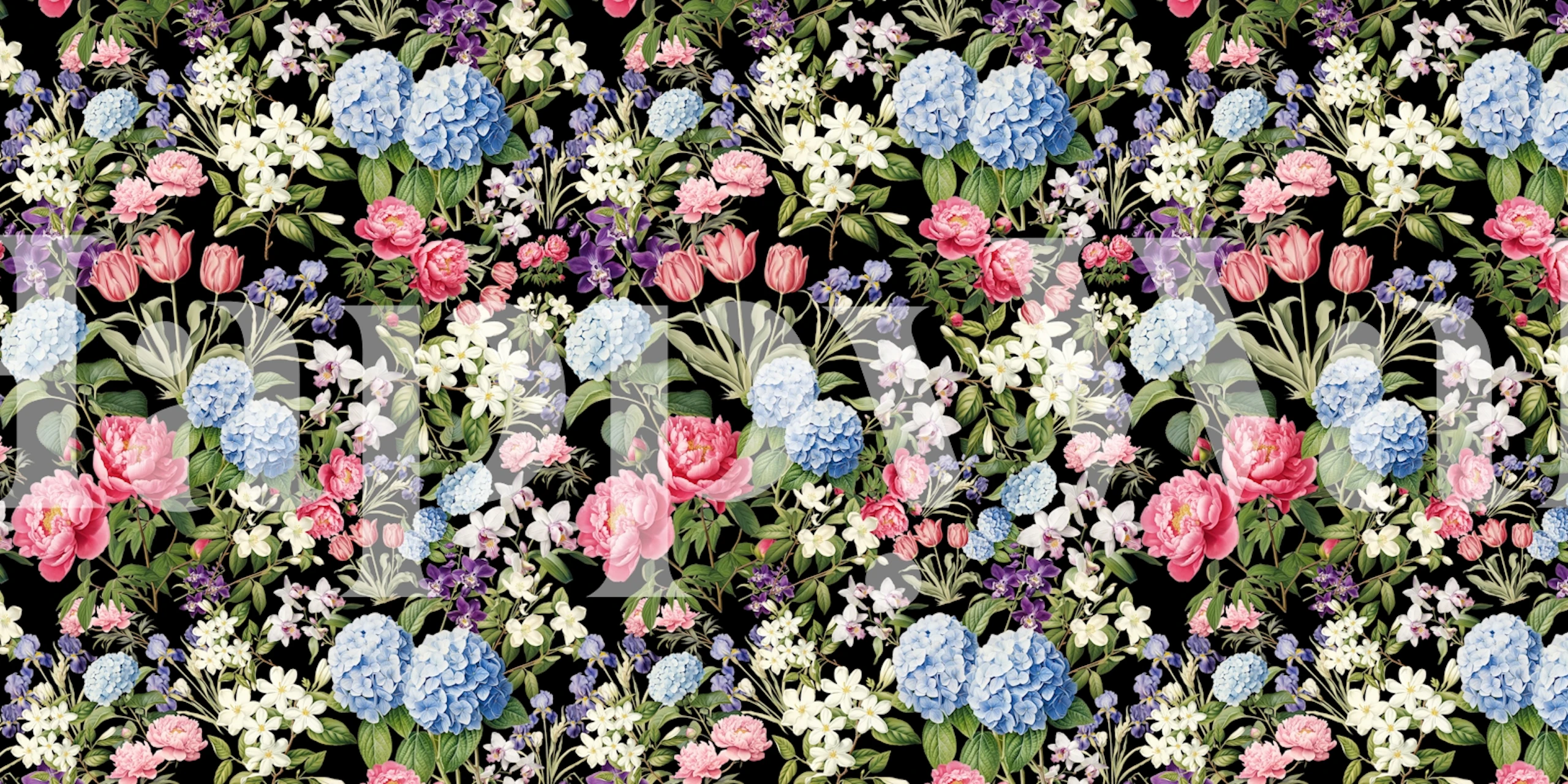 Colorful floral wallpaper featuring blue hydrangeas, pink roses, and white flowers on a black background.