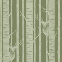 Sage Green Wood Deer and Trees Forest Stripes wallpaper