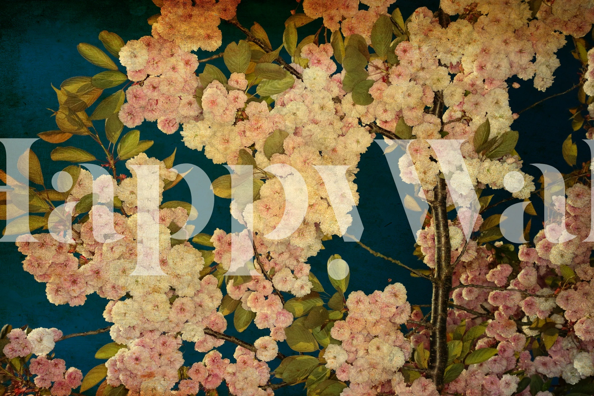 Cherry blossom branches with pink flowers and green leaves wallpaper