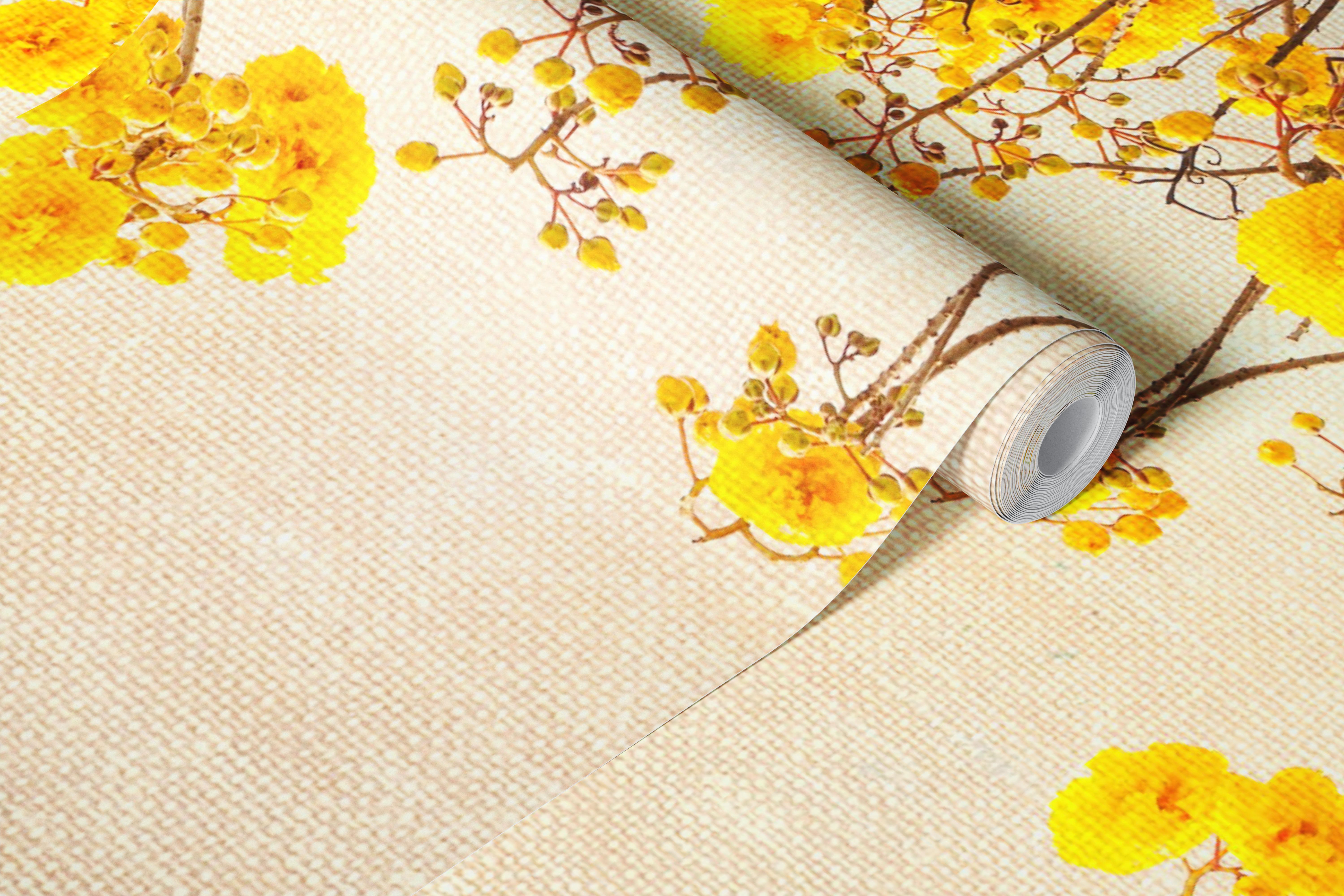 Yellow flowering branches on a light gradient background wallpaper