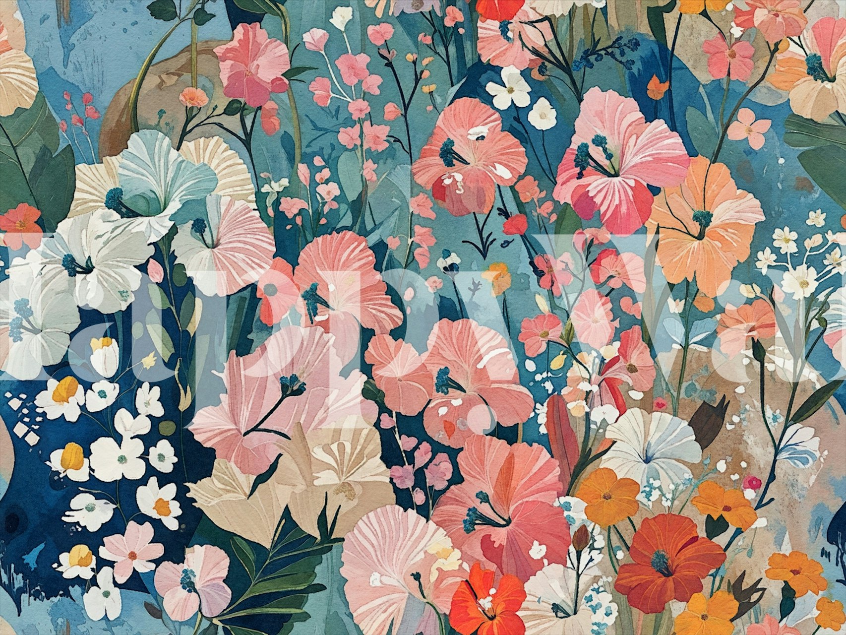 Tropical floral pattern wallpaper in vibrant blue and pink