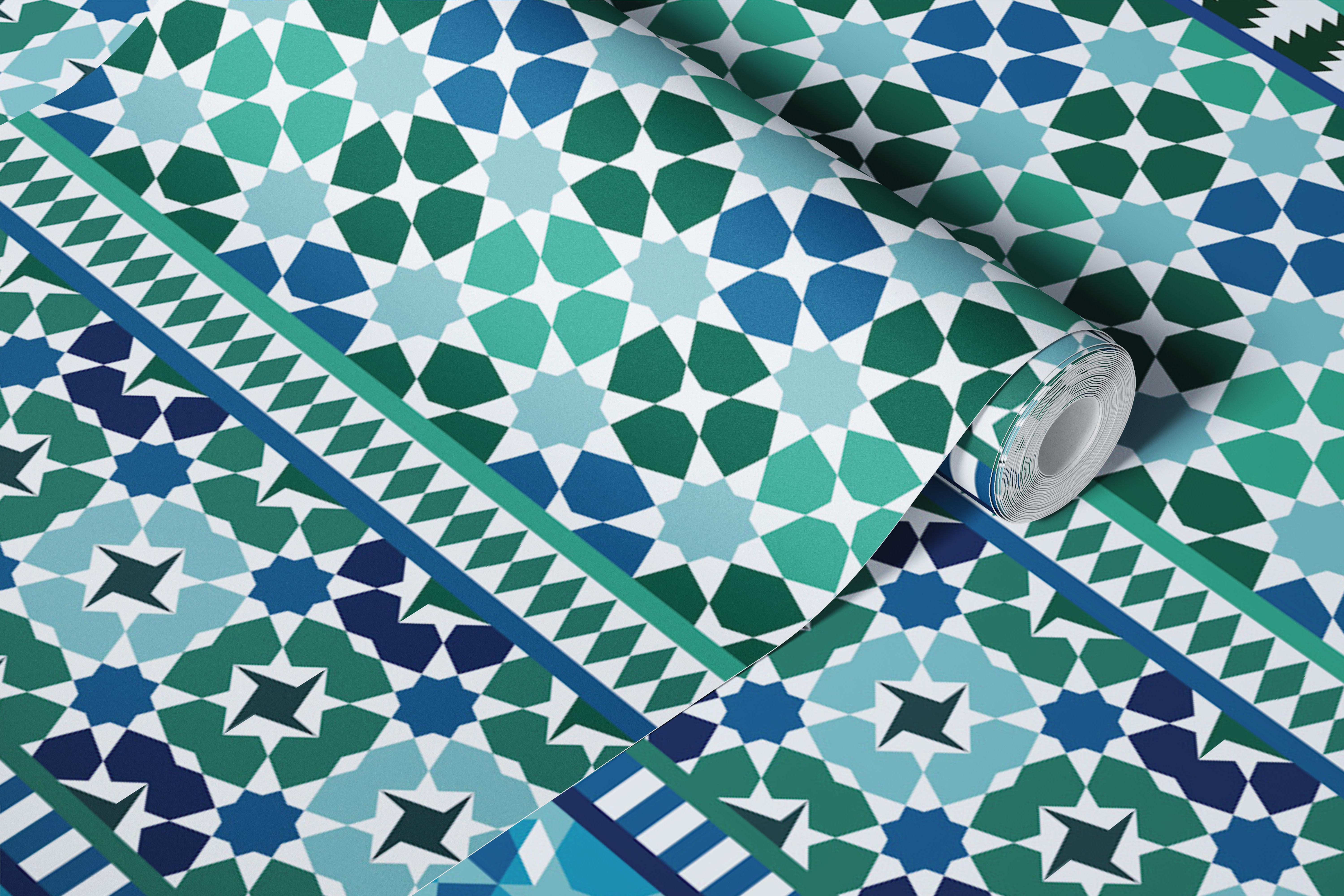 Geometric blue and green patterns wallpaper
