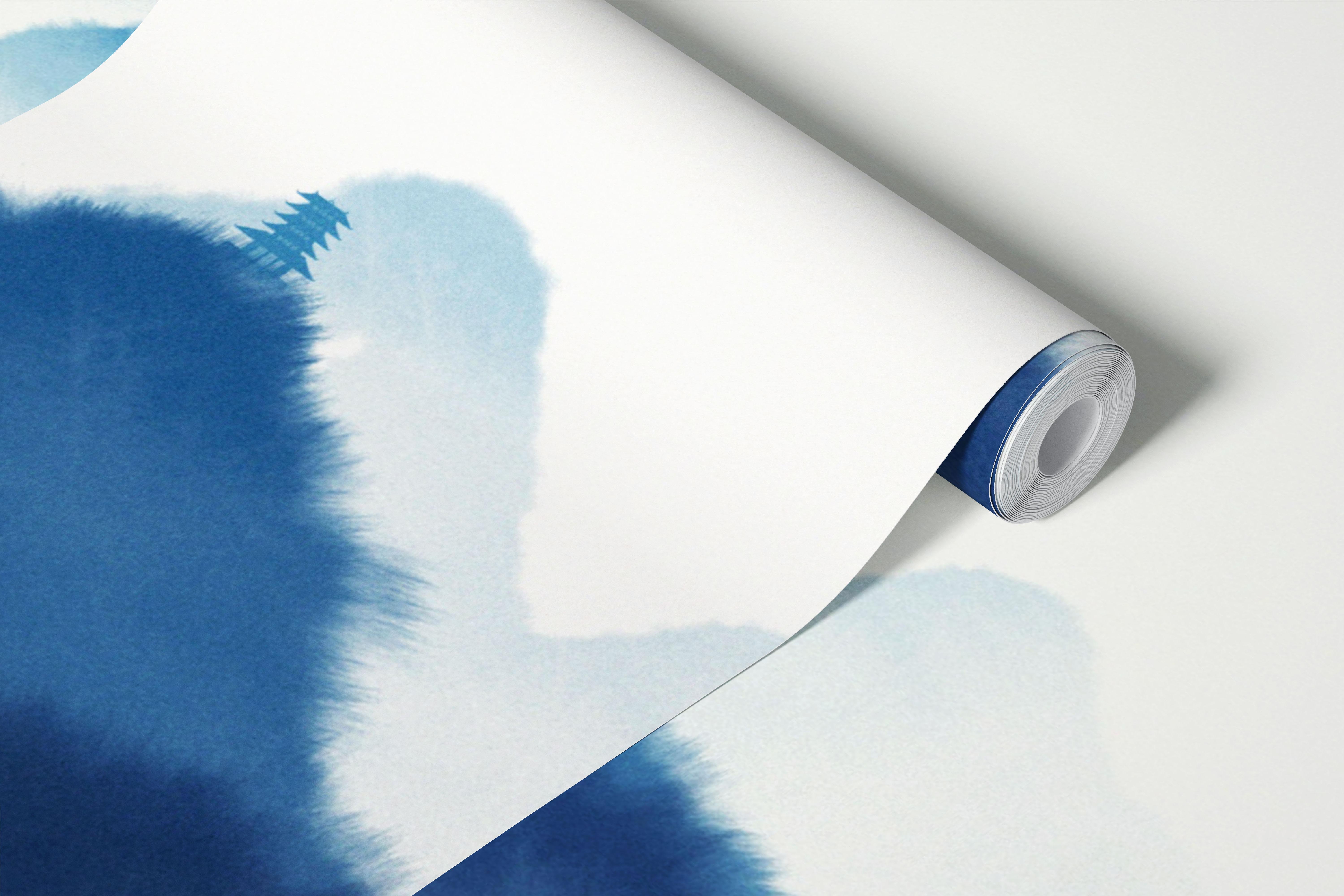 Watercolor mountain landscape with blue hues and sun wallpaper