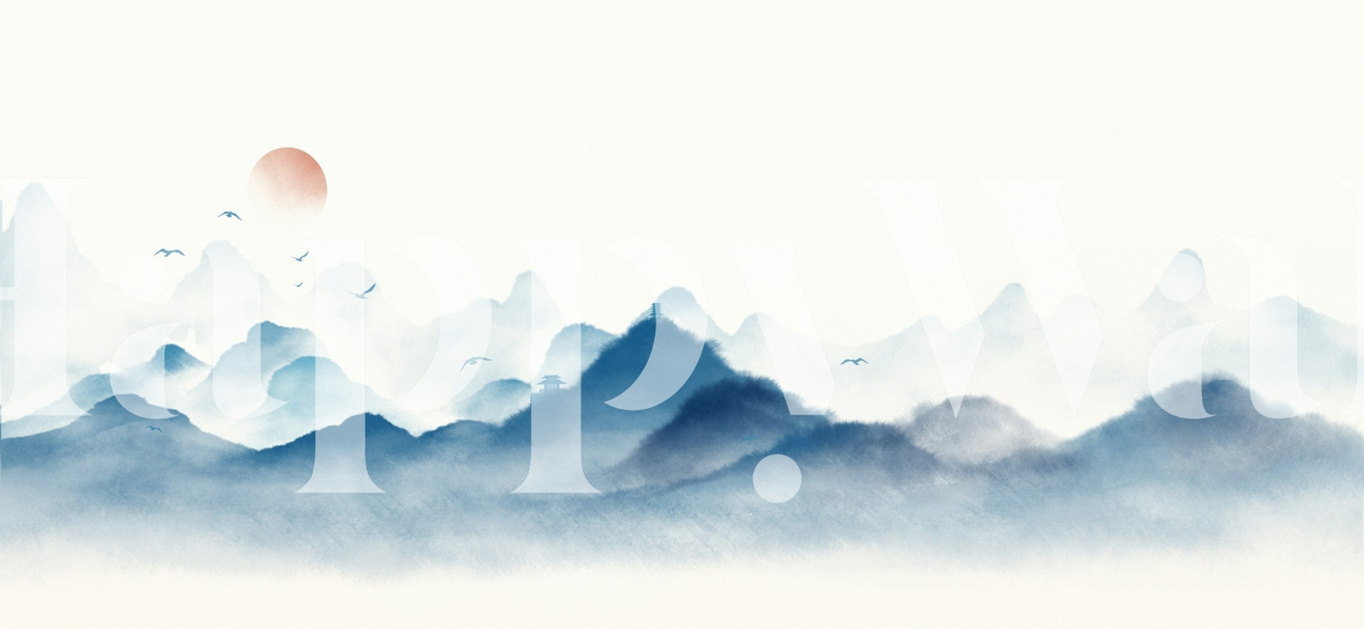 Watercolor mountain landscape with blue hues and sun wallpaper