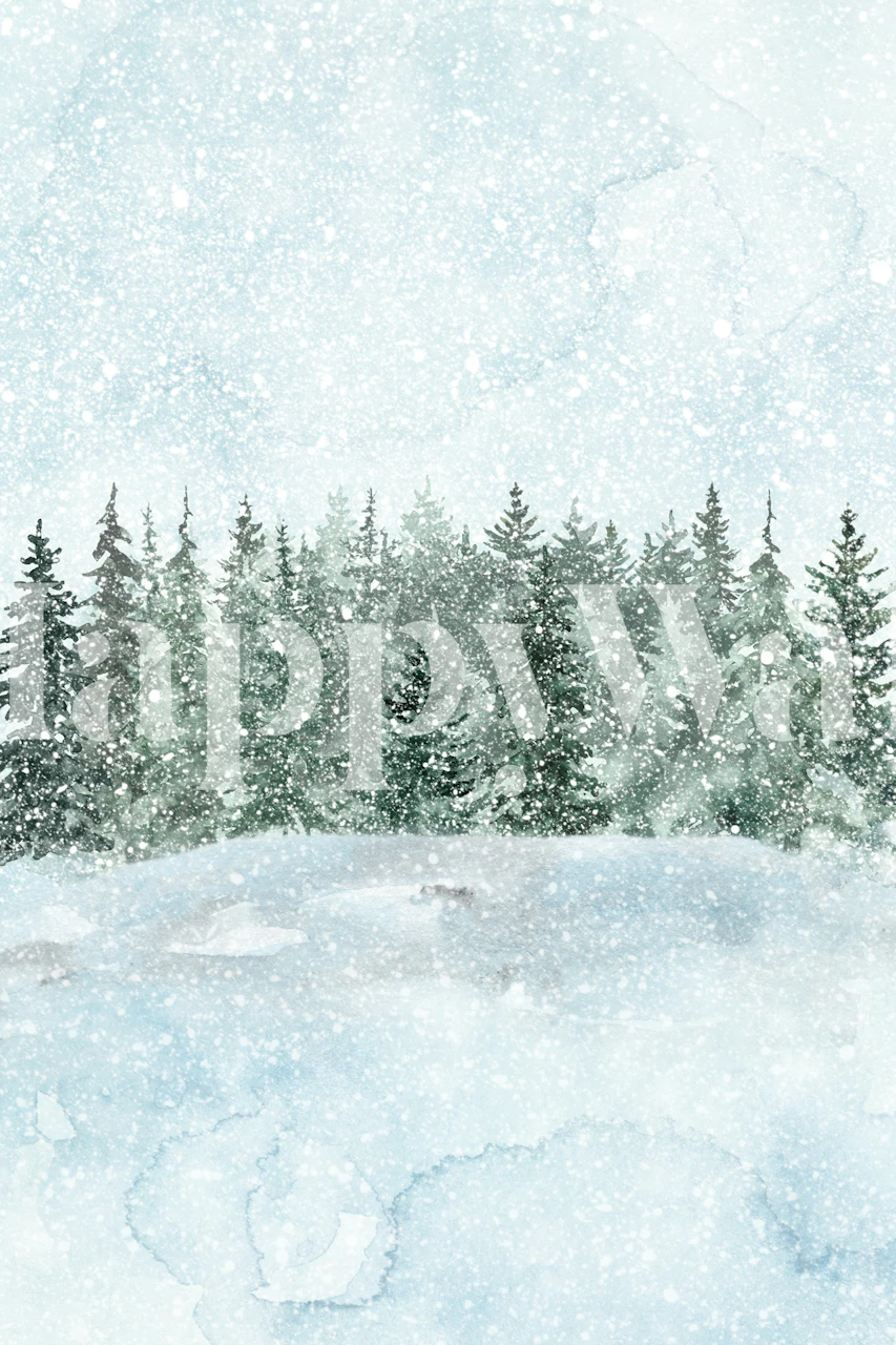 Snowy forest with evergreens and white snow, watercolor wallpaper