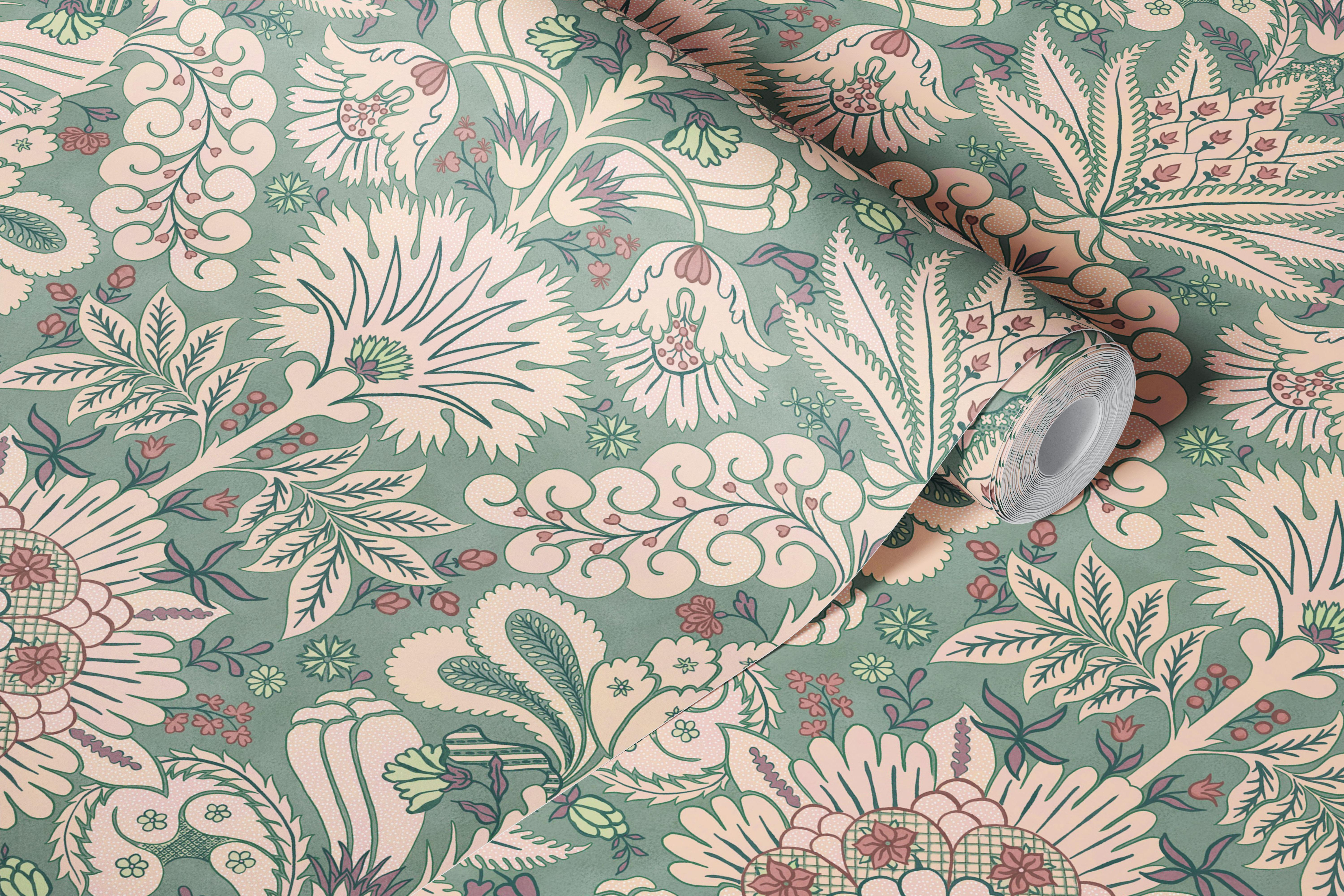 Botanic Damask Mint Green Blush Pink Cream tapet